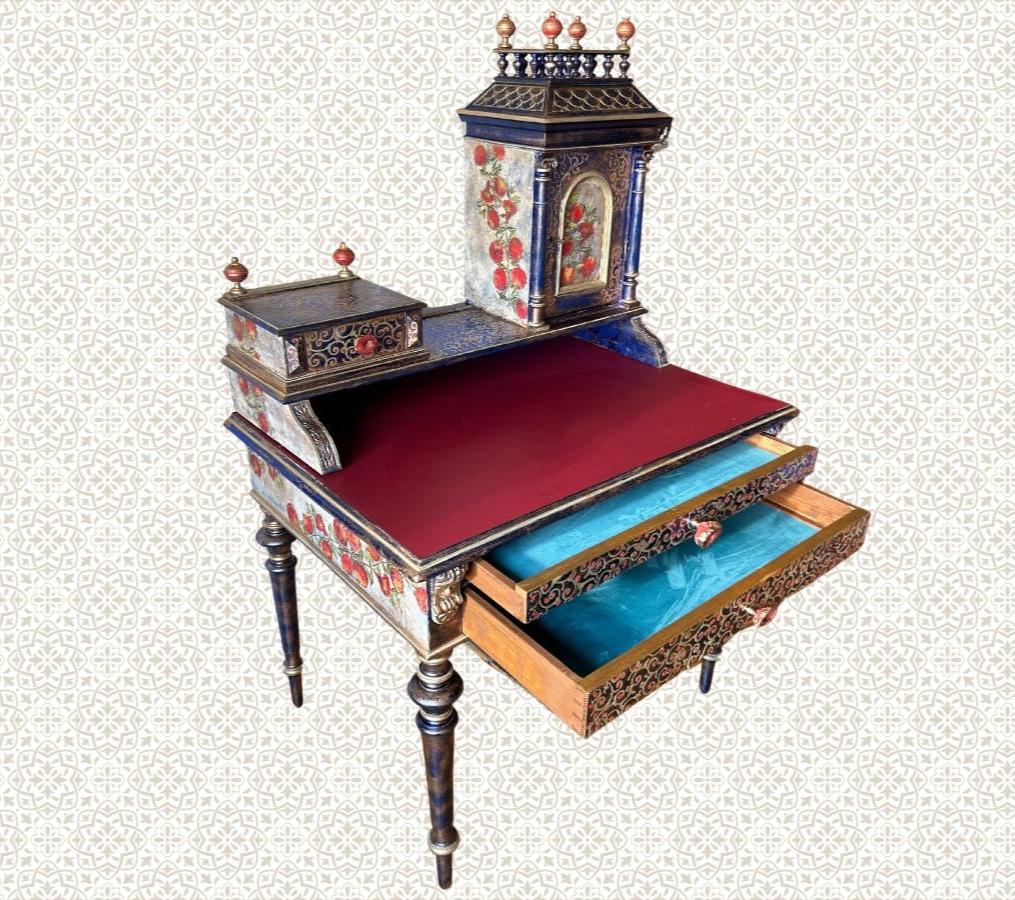 Antique Desk | Re-Designed | Secretary Table | Writing Furniture | Red Leather | Blue&Gold Finish | Velvet Interior | Handmade