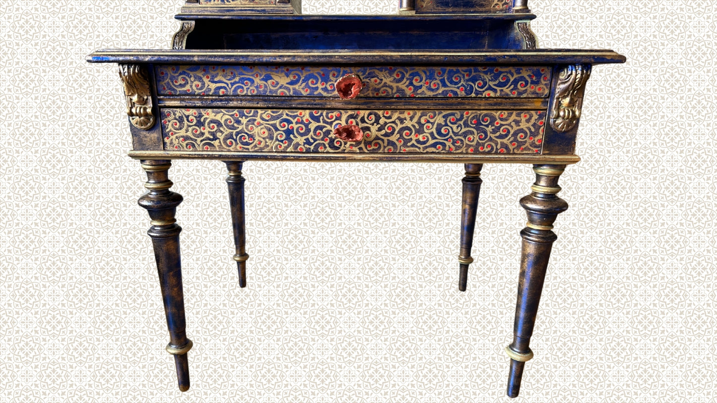 Antique Desk | Re-Designed | Secretary Table | Writing Furniture | Red Leather | Blue&Gold Finish | Velvet Interior | Handmade