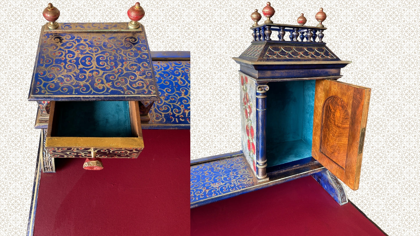 Antique Desk | Re-Designed | Secretary Table | Writing Furniture | Red Leather | Blue&Gold Finish | Velvet Interior | Handmade