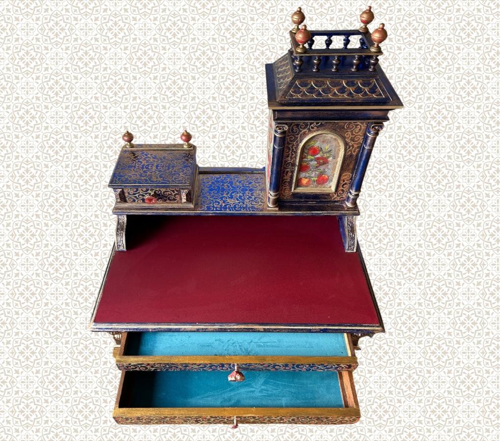 Antique Desk | Re-Designed | Secretary Table | Writing Furniture | Red Leather | Blue&Gold Finish | Velvet Interior | Handmade