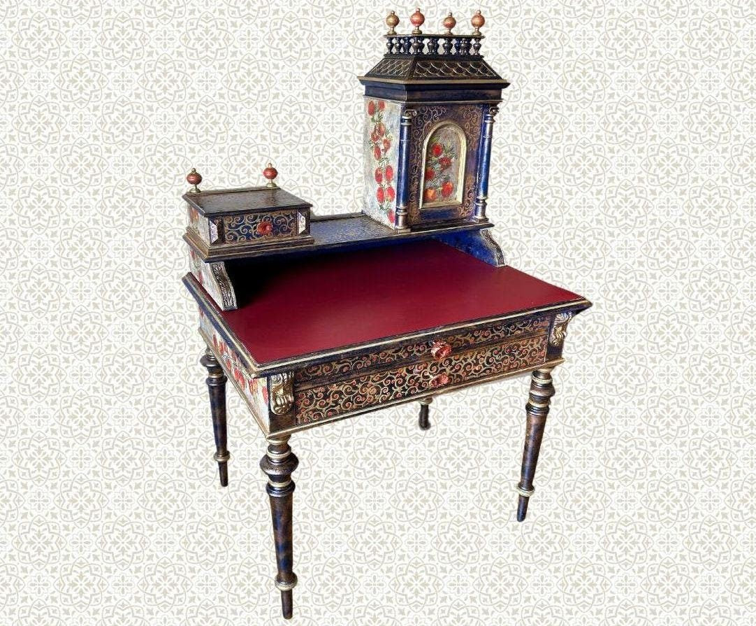 Antique Desk | Re-Designed | Secretary Table | Writing Furniture | Red Leather | Blue&Gold Finish | Velvet Interior | Handmade