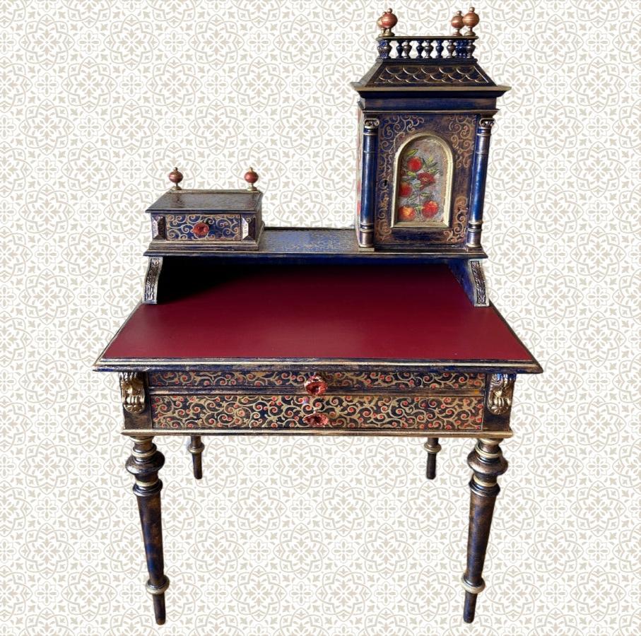 Antique Desk | Re-Designed | Secretary Table | Writing Furniture | Red Leather | Blue&Gold Finish | Velvet Interior | Handmade