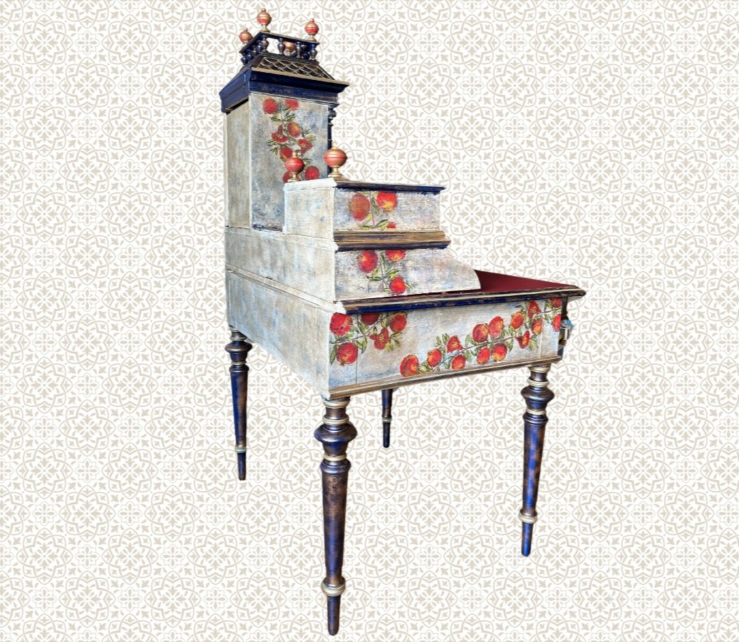 Antique Desk | Re-Designed | Secretary Table | Writing Furniture | Red Leather | Blue&Gold Finish | Velvet Interior | Handmade