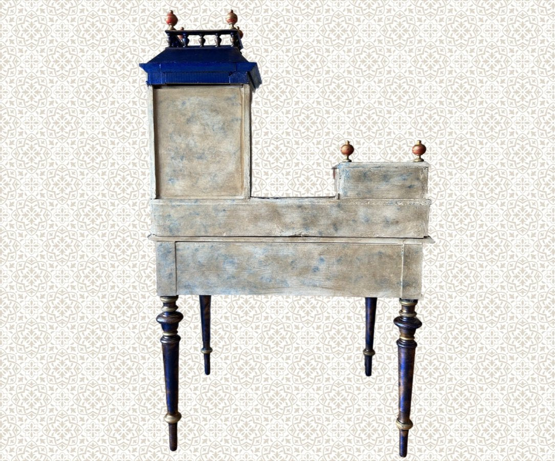 Antique Desk | Re-Designed | Secretary Table | Writing Furniture | Red Leather | Blue&Gold Finish | Velvet Interior | Handmade