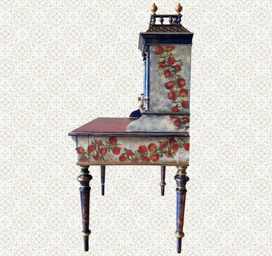 Antique Desk | Re-Designed | Secretary Table | Writing Furniture | Red Leather | Blue&Gold Finish | Velvet Interior | Handmade