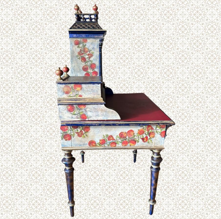 Antique Desk | Re-Designed | Secretary Table | Writing Furniture | Red Leather | Blue&Gold Finish | Velvet Interior | Handmade