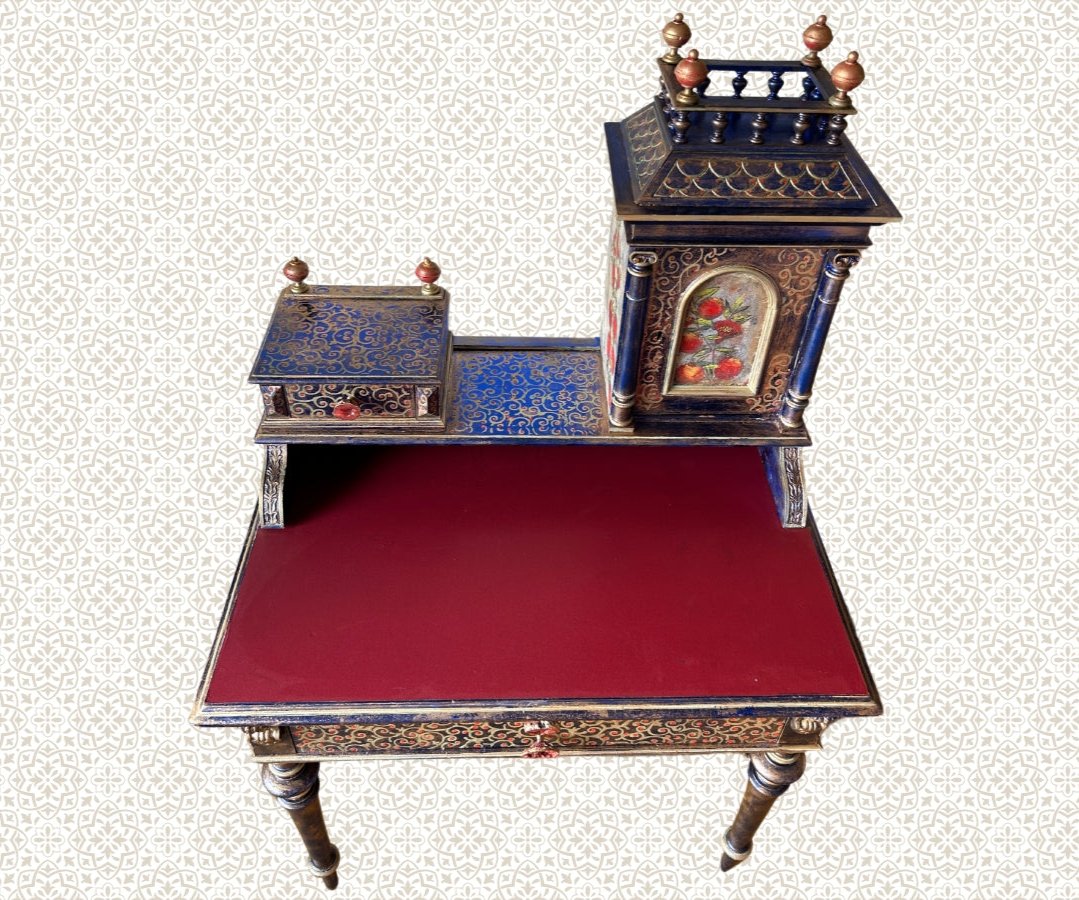 Antique Desk | Re-Designed | Secretary Table | Writing Furniture | Red Leather | Blue&Gold Finish | Velvet Interior | Handmade