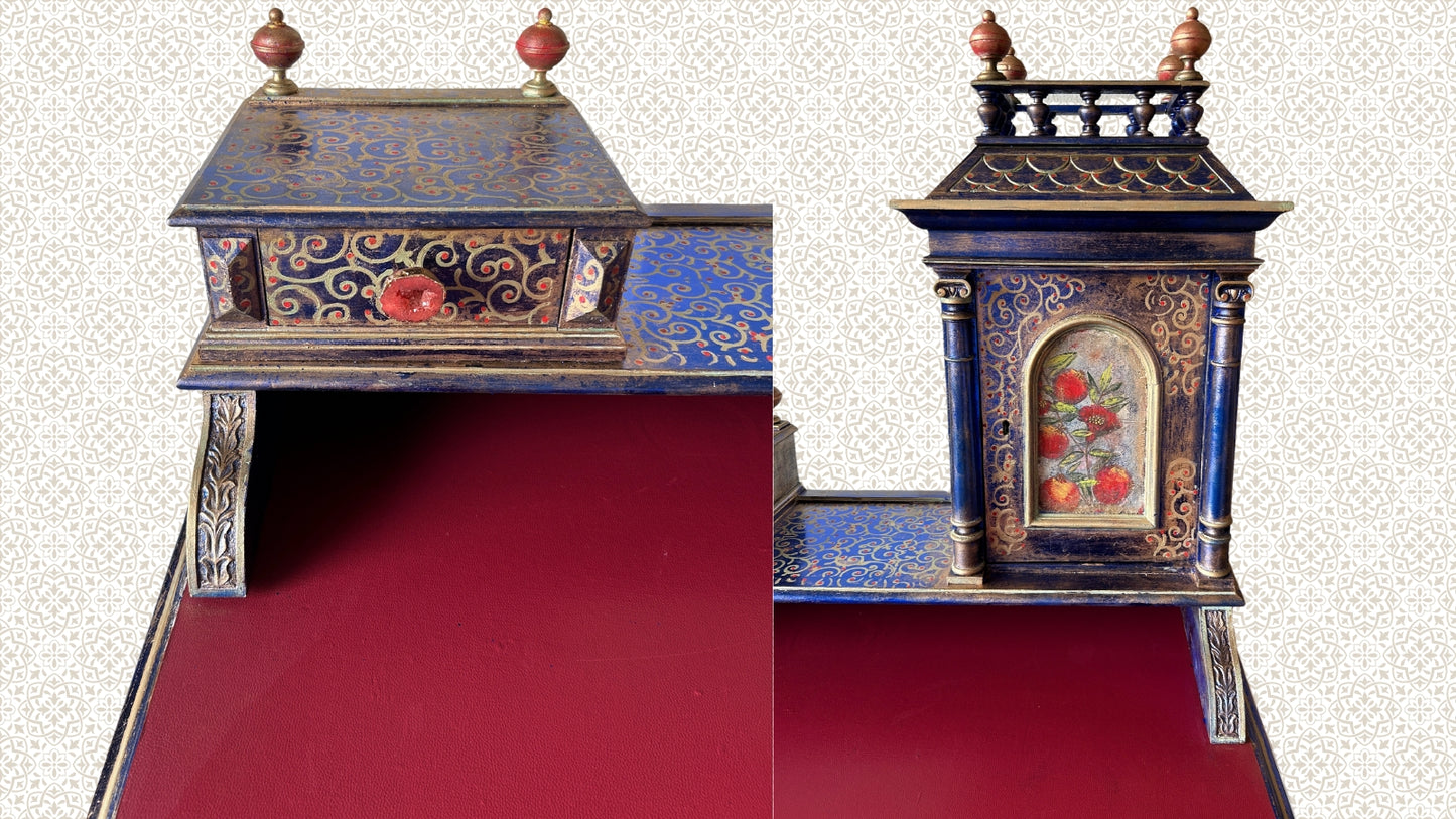 Antique Desk | Re-Designed | Secretary Table | Writing Furniture | Red Leather | Blue&Gold Finish | Velvet Interior | Handmade