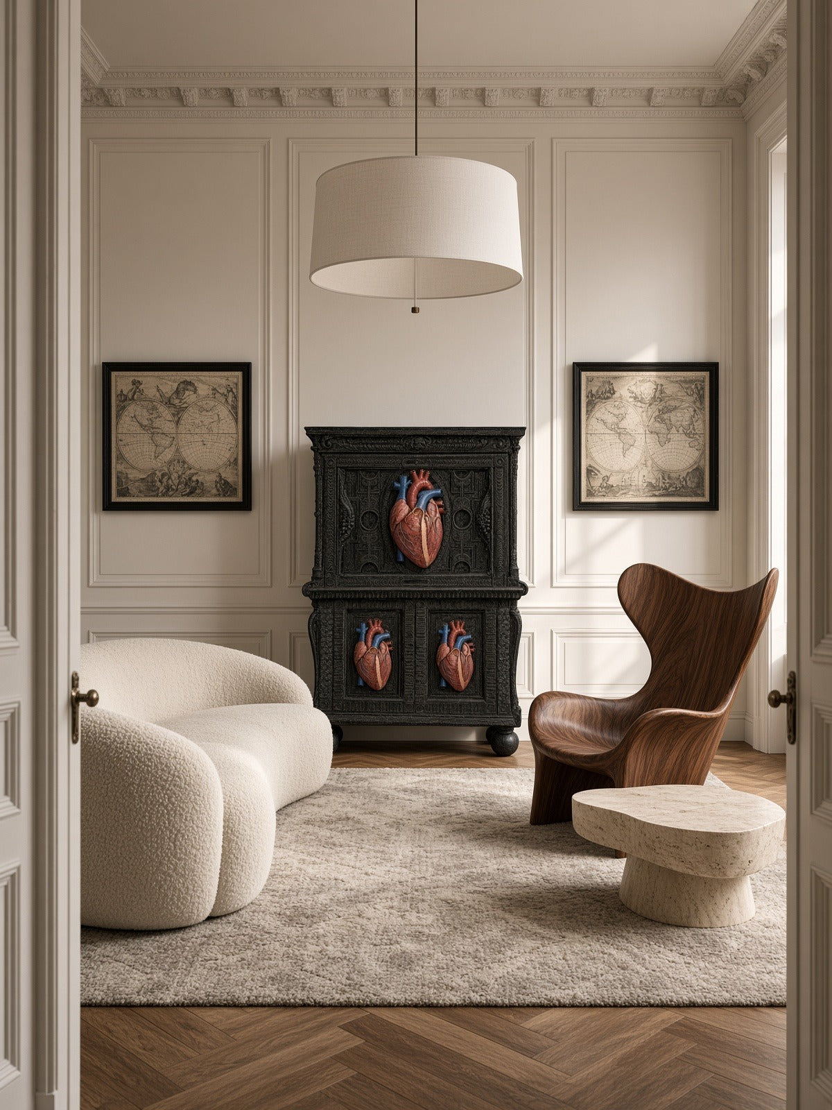 Cuore bar cabinet in black between two framed maps