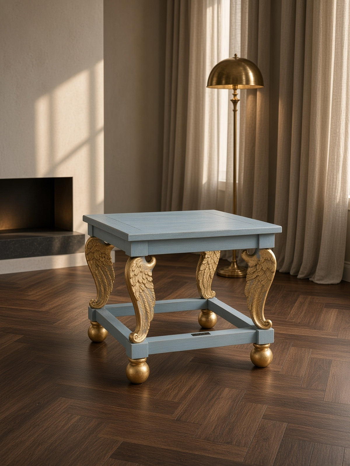 Cupid's Wings table in baby blue in a daylight room