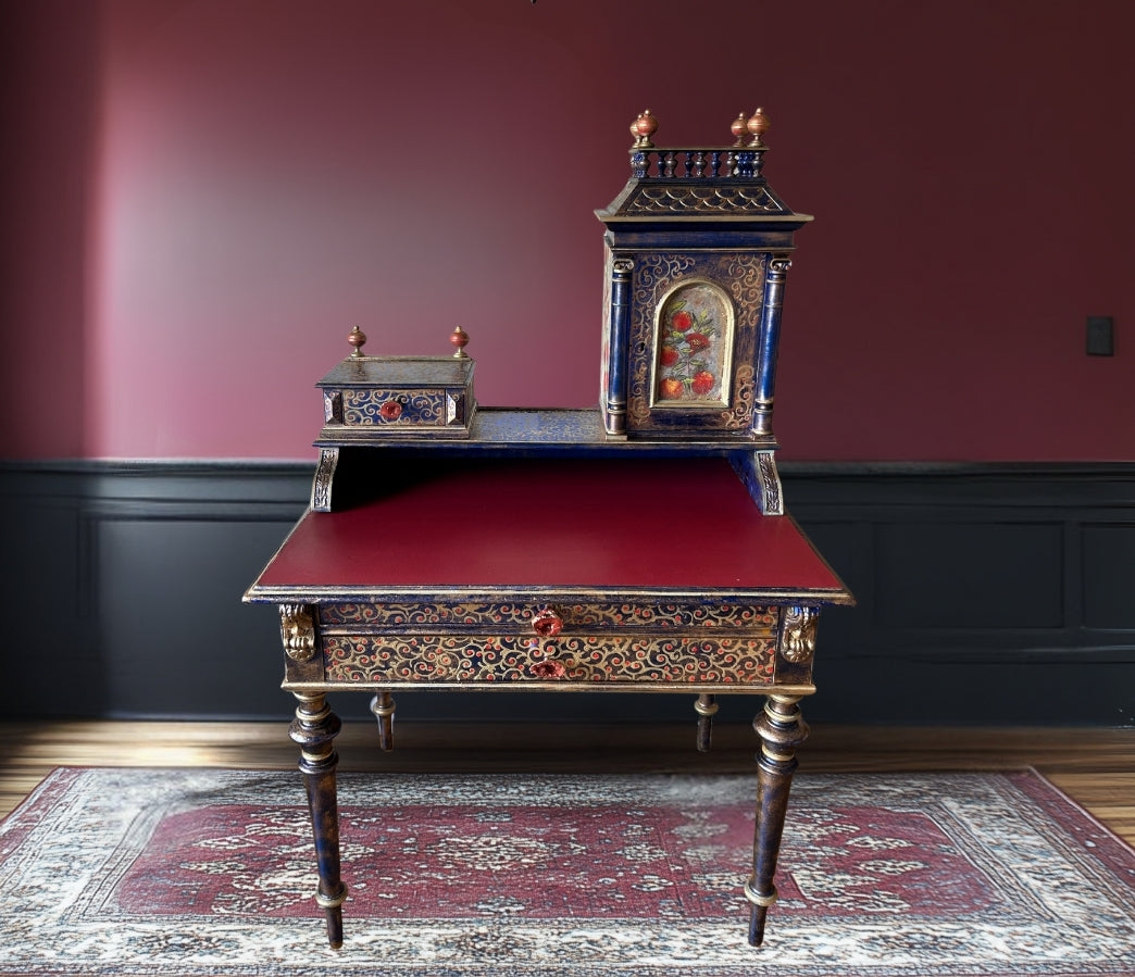 Antique Desk | Re-Designed | Secretary Table | Writing Furniture | Red Leather | Blue&Gold Finish | Velvet Interior | Handmade