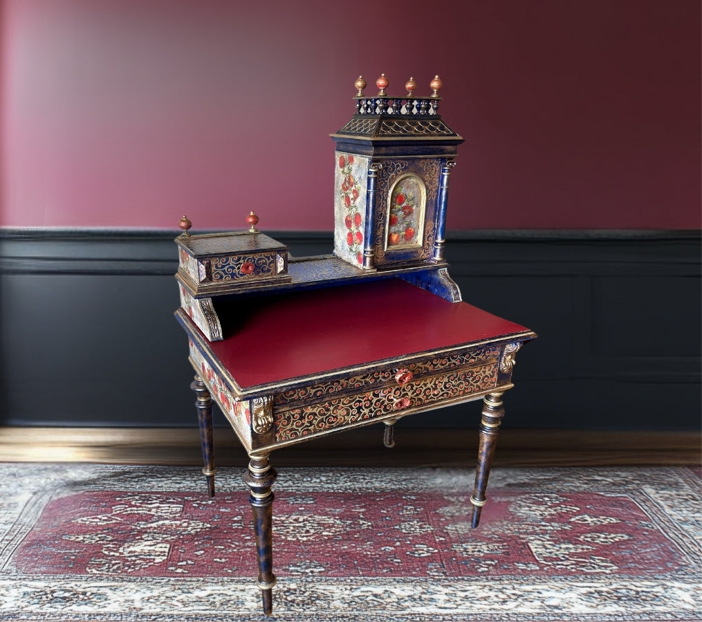 Antique Desk | Re-Designed | Secretary Table | Writing Furniture | Red Leather | Blue&Gold Finish | Velvet Interior | Handmade