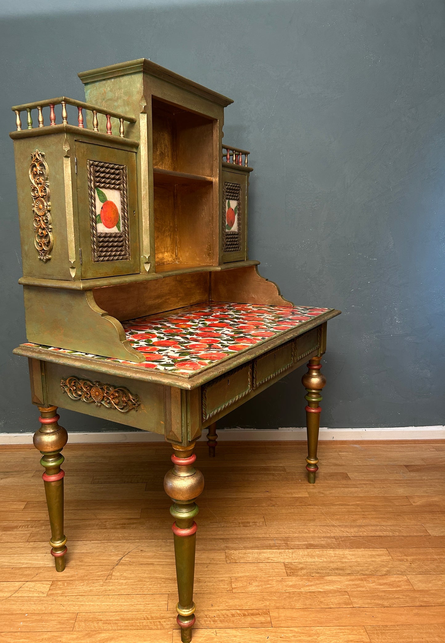 Antique Desk | Re-Designed | Secretary Table | Writing Furniture | Green&Gold Finish | Velvet Interior | Handmade | KiyanStudio