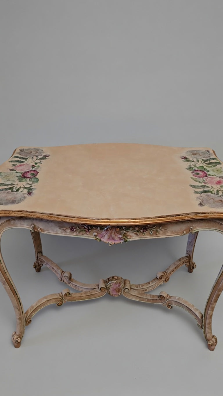 Vintage French Provincial Painted Table | Shabby Chic Floral Console Table | Ornate Rococo Vanity Desk with Hand-Painted Roses