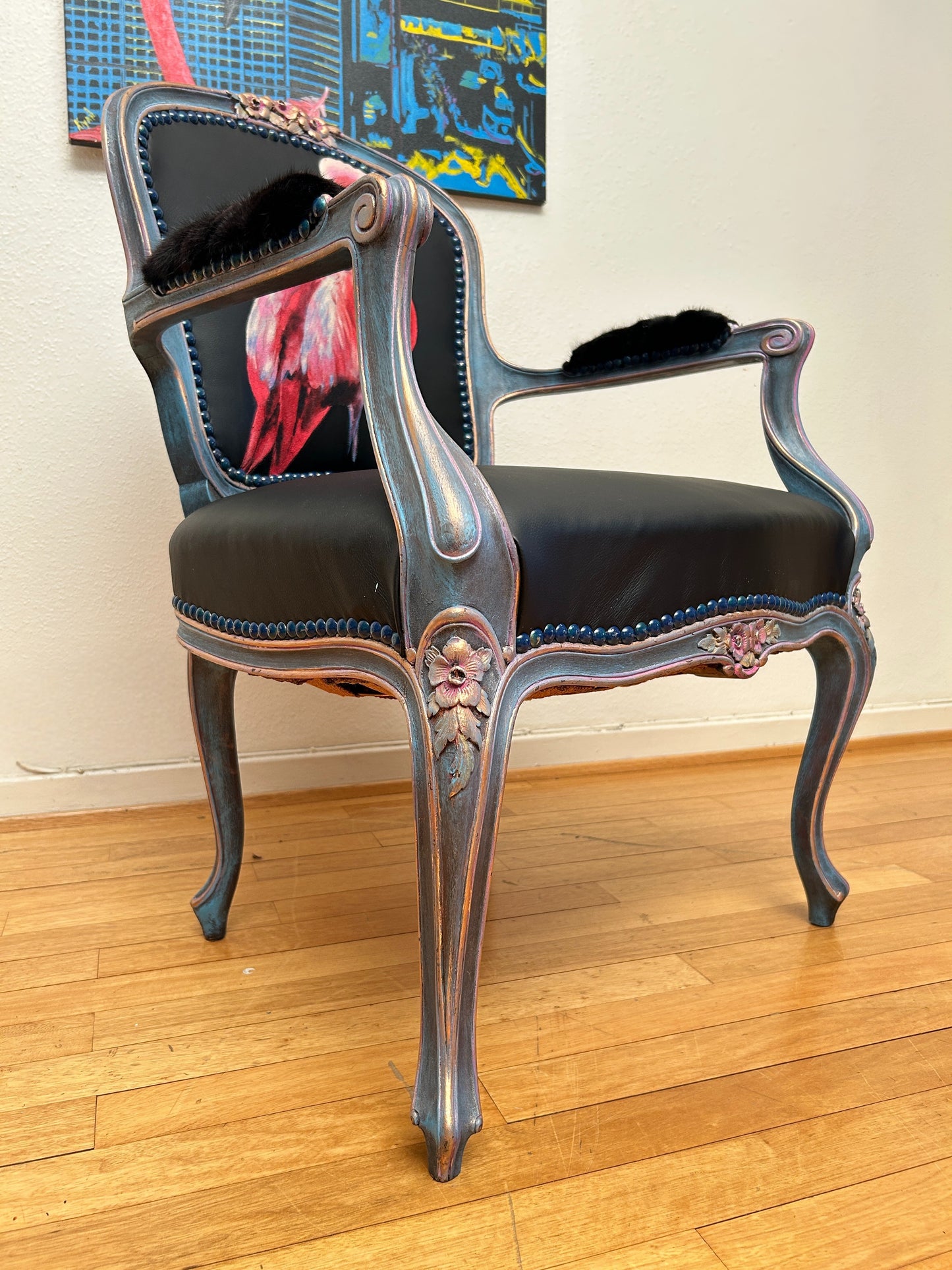 Antique Armchair | Re-Designed| Flamingo Set | Black Leather | Mink Armrests | Handmade | KiyanStudio
