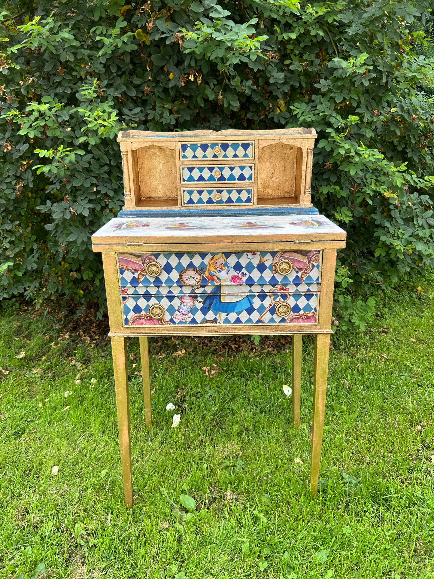 Antique Mini Desk | Re-Designed | Alice in Wonderland | Decoupage | Bright Design | Writing Table | Kids Room | Handmade