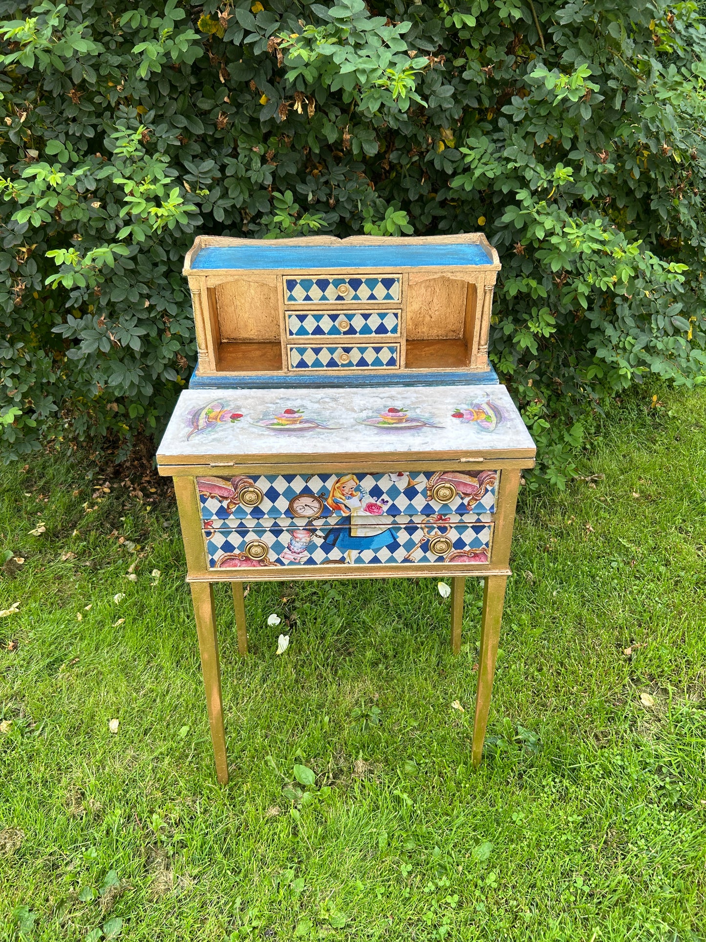 Antique Mini Desk | Re-Designed | Alice in Wonderland | Decoupage | Bright Design | Writing Table | Kids Room | Handmade