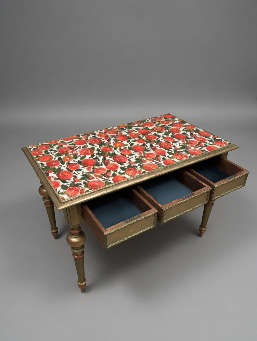 Antique Norwegian Secretary Desk | Restored Gold & Green Fruit Decoupage