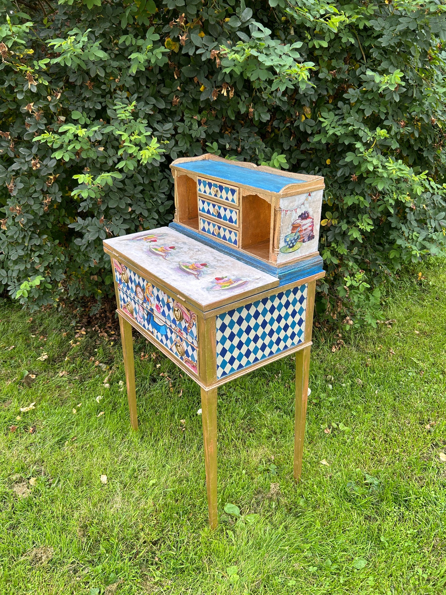 Antique Mini Desk | Re-Designed | Alice in Wonderland | Decoupage | Bright Design | Writing Table | Kids Room | Handmade