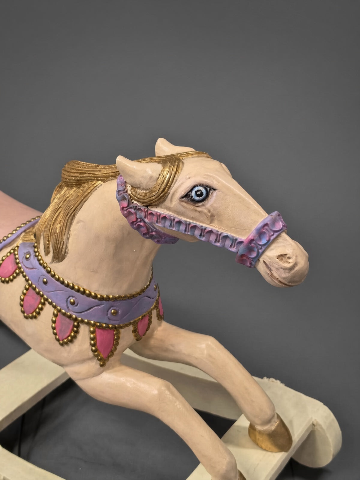 Hand-painted antique rocking horse in cream, pink and gold, Kiyan Studio