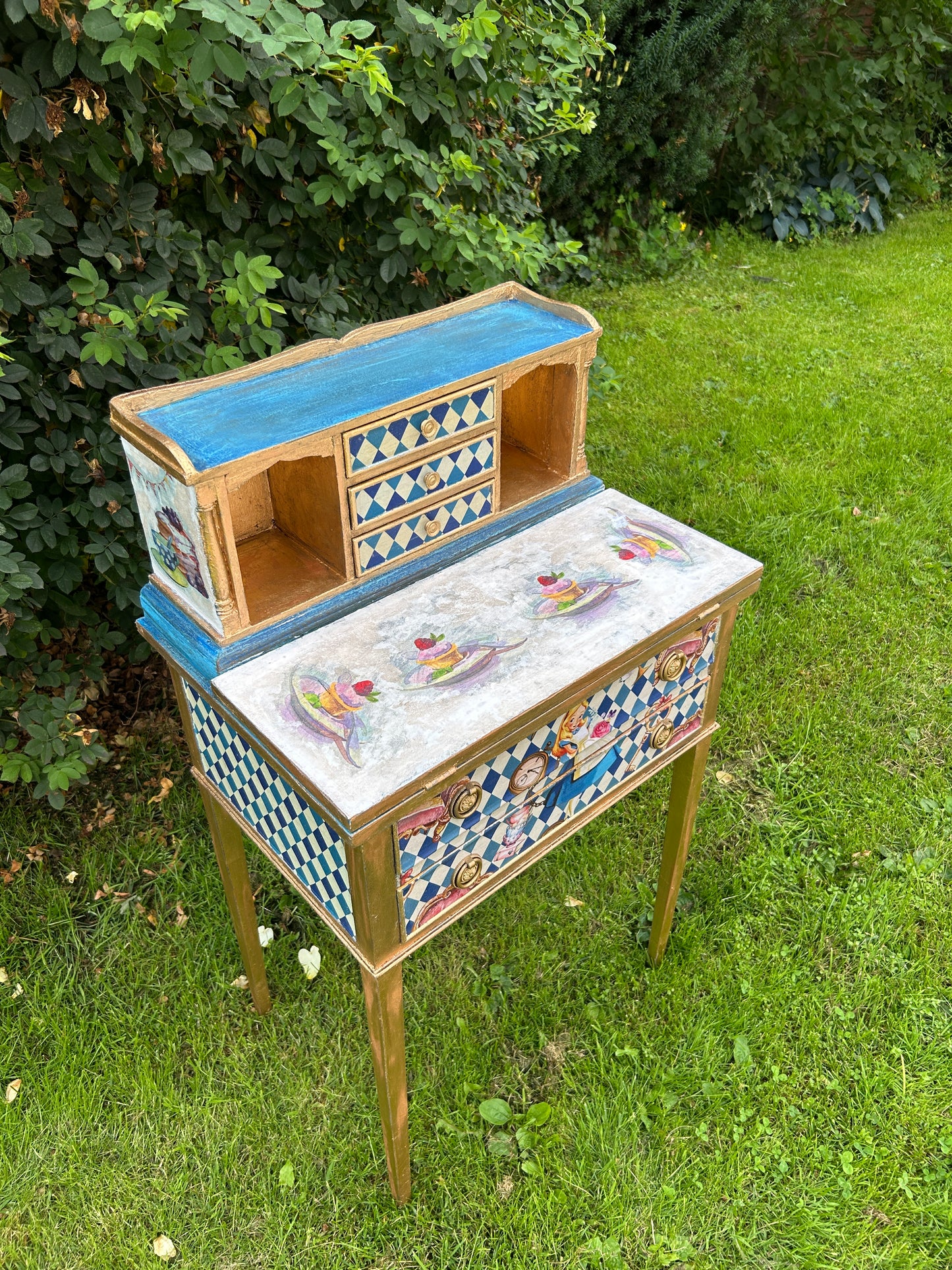 Antique Mini Desk | Re-Designed | Alice in Wonderland | Decoupage | Bright Design | Writing Table | Kids Room | Handmade