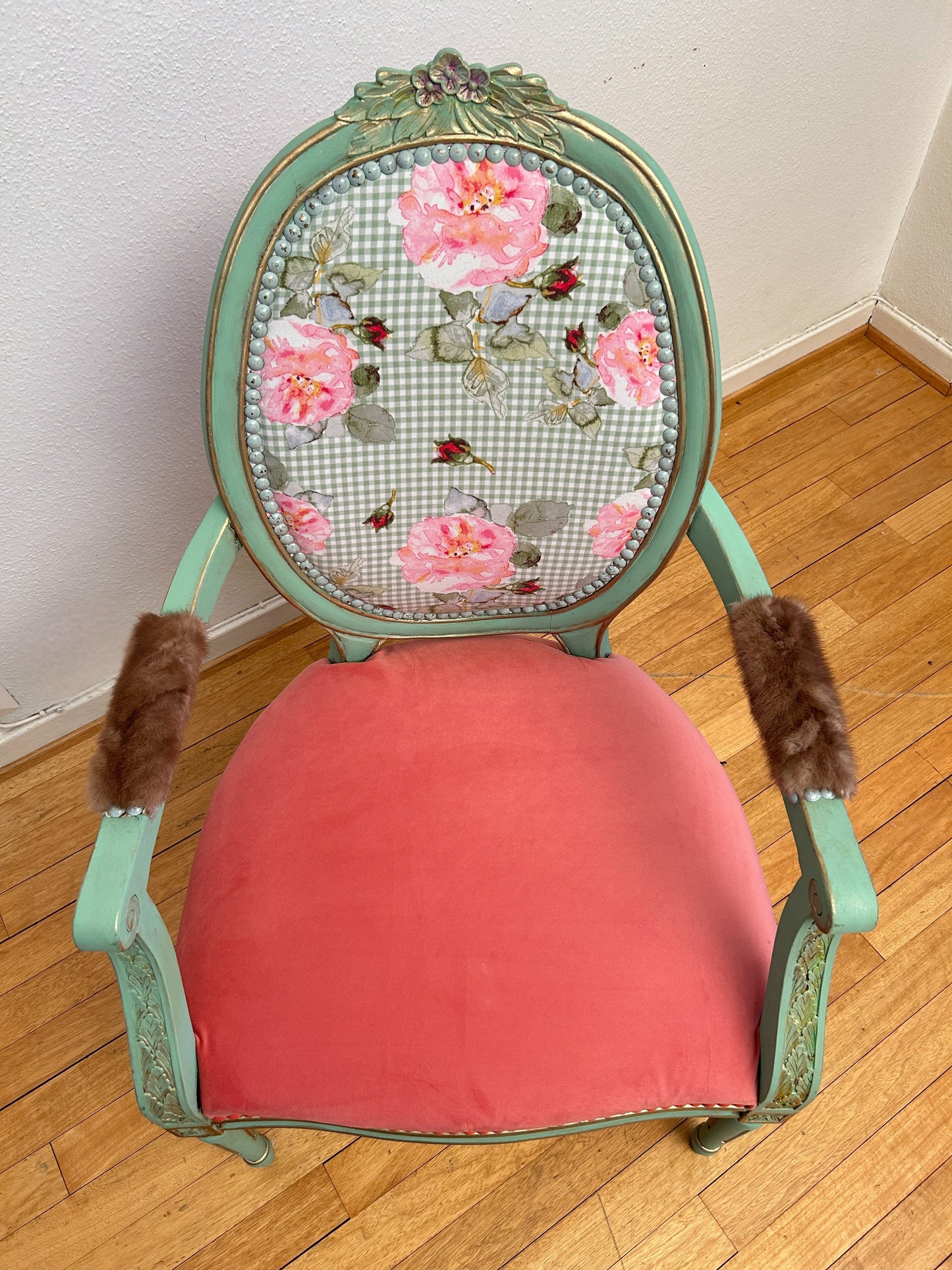 Antique armchair | Re-Designed | Pink Velvet | Turquoise Paint | Handmade | Cotton Fabric Print