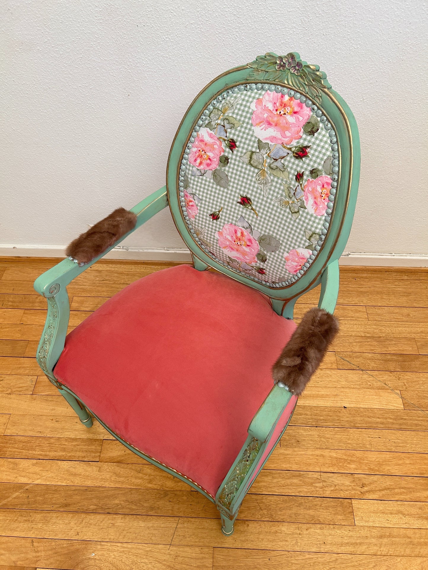 Antique armchair | Re-Designed | Pink Velvet | Turquoise Paint | Handmade | Cotton Fabric Print