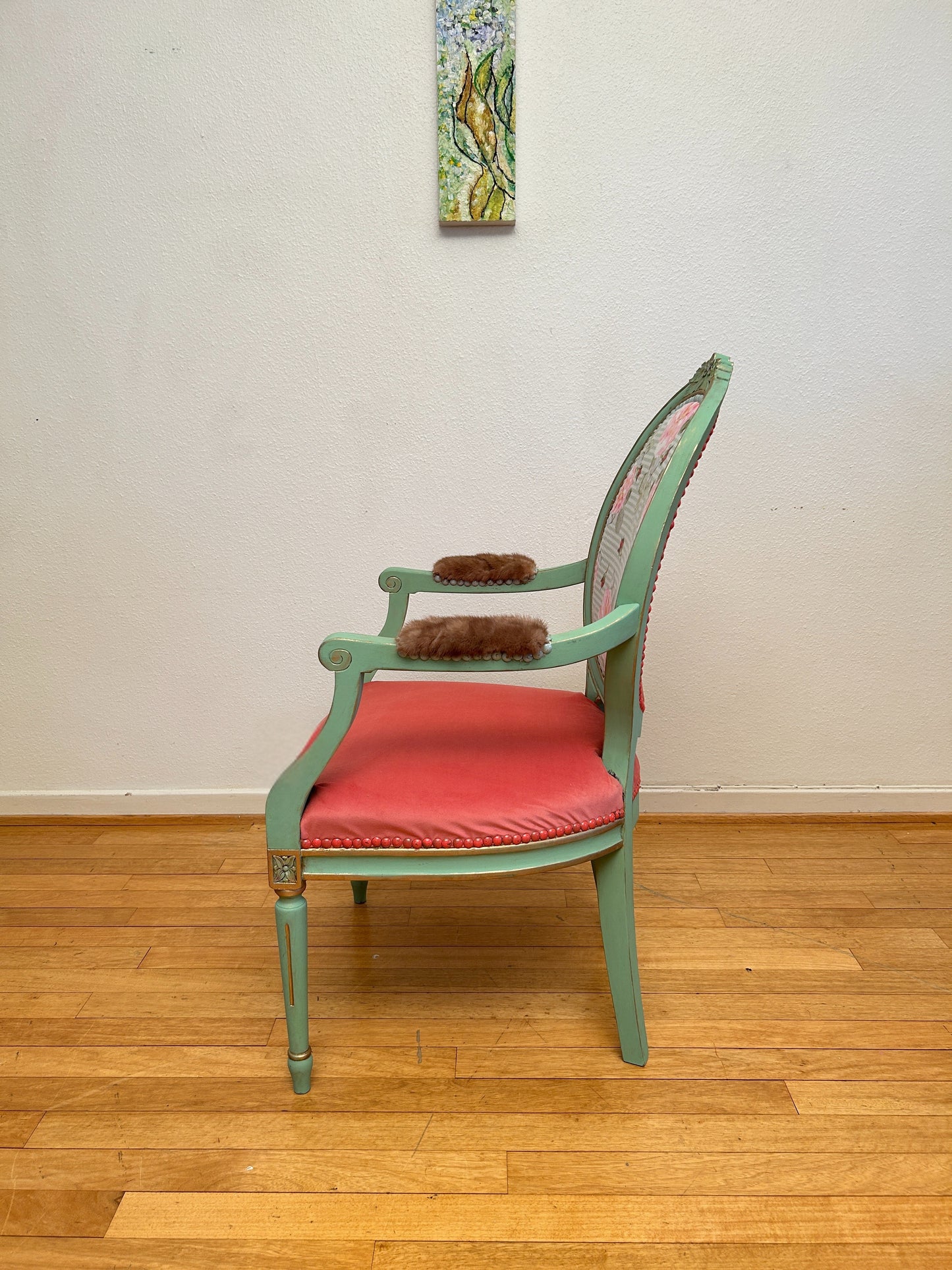 Antique armchair | Re-Designed | Pink Velvet | Turquoise Paint | Handmade | Cotton Fabric Print