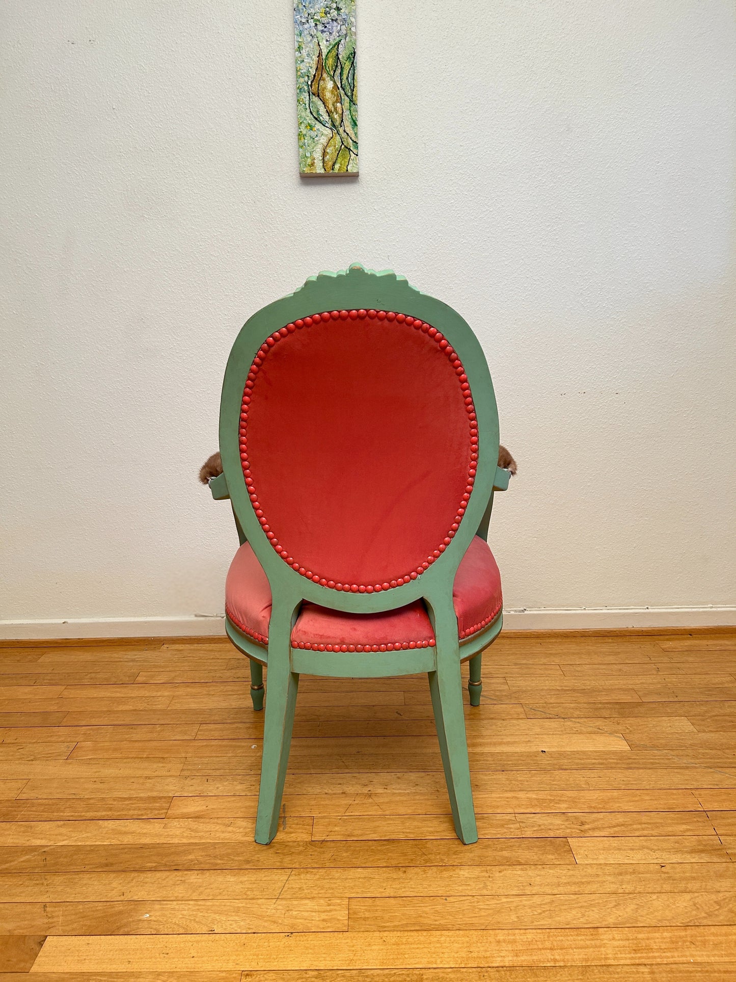 Antique armchair | Re-Designed | Pink Velvet | Turquoise Paint | Handmade | Cotton Fabric Print