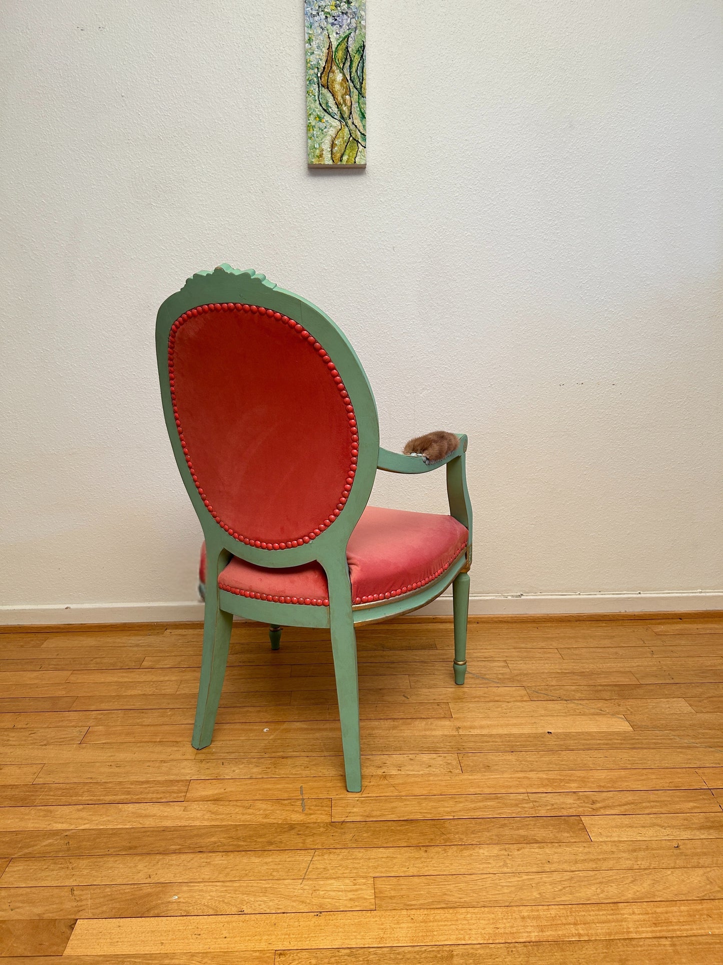 Antique armchair | Re-Designed | Pink Velvet | Turquoise Paint | Handmade | Cotton Fabric Print
