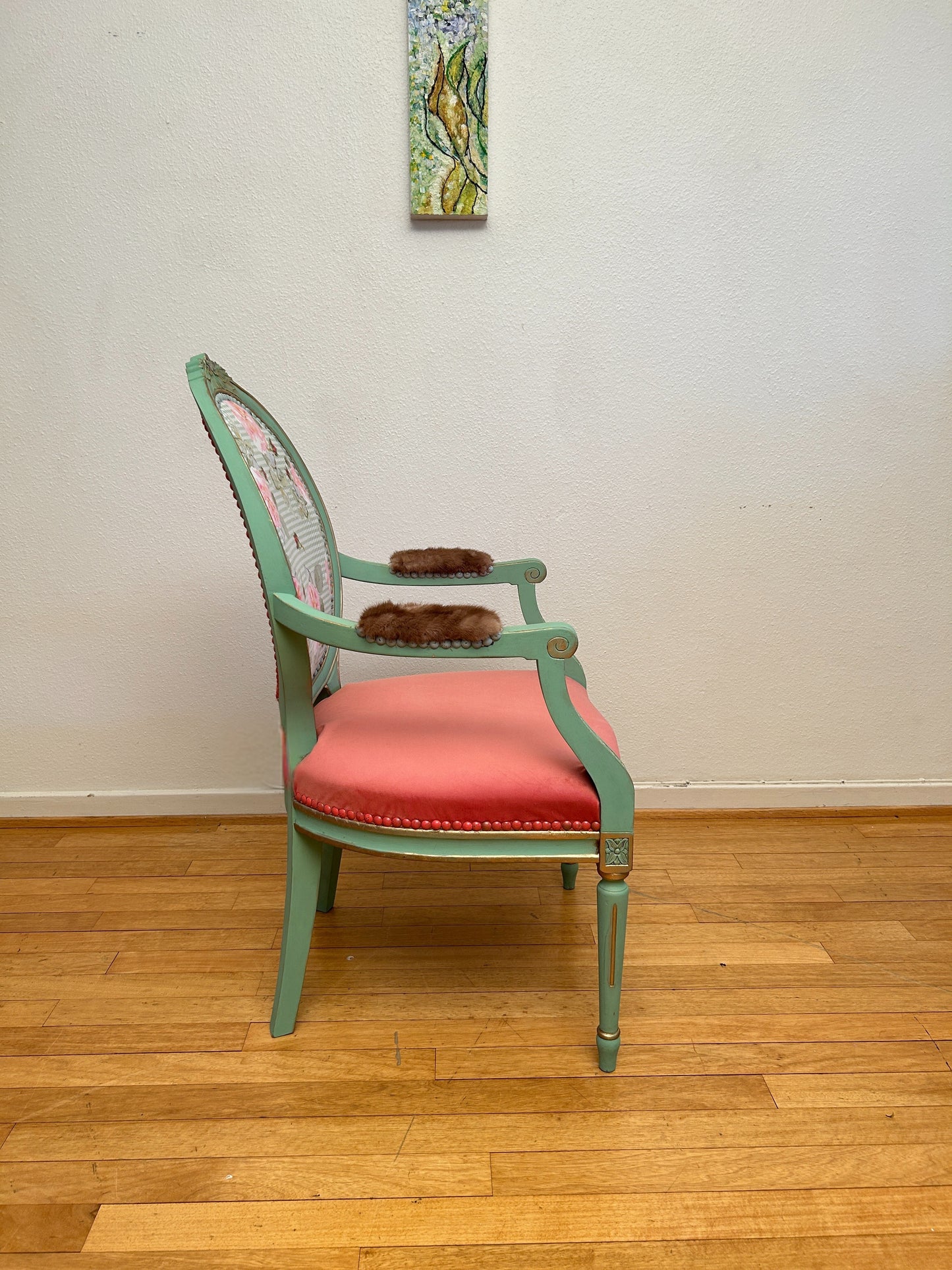 Antique armchair | Re-Designed | Pink Velvet | Turquoise Paint | Handmade | Cotton Fabric Print
