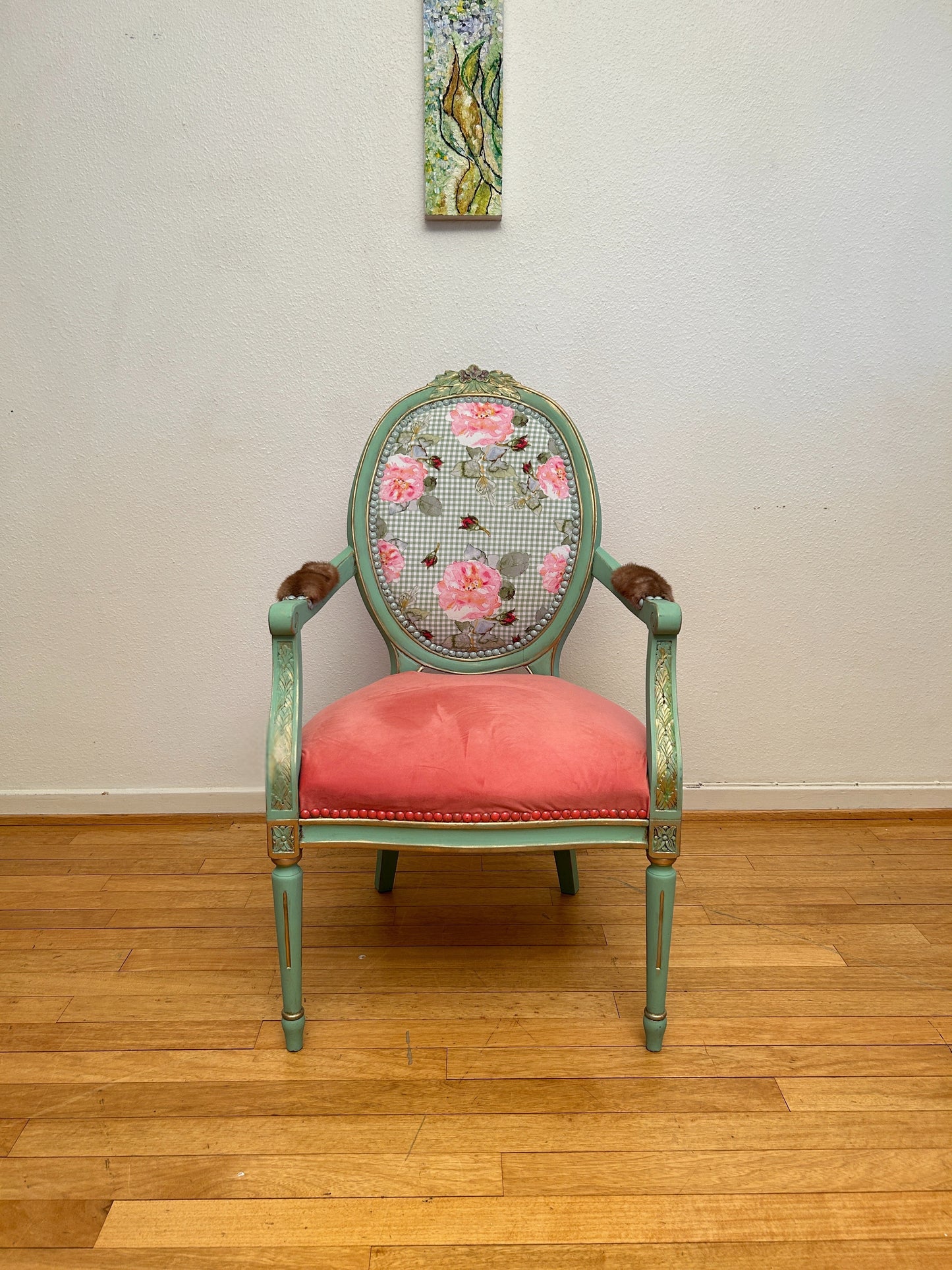 Antique armchair | Re-Designed | Pink Velvet | Turquoise Paint | Handmade | Cotton Fabric Print