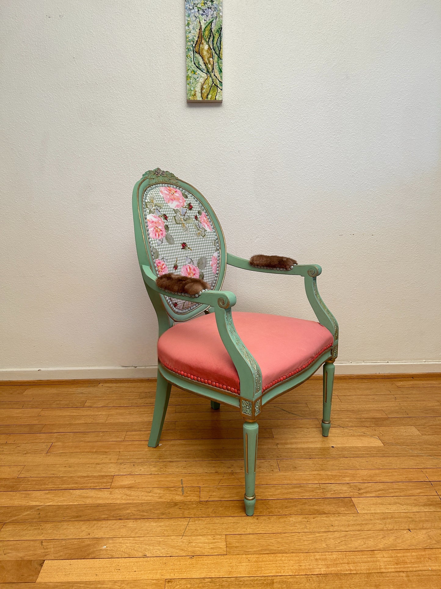 Antique armchair | Re-Designed | Pink Velvet | Turquoise Paint | Handmade | Cotton Fabric Print