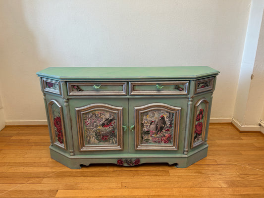 Vintage Kommode | Re-Designed | Oak Furniture | Mint Green Paint | Bird & Floral Décor | Handmade | Hand Painted