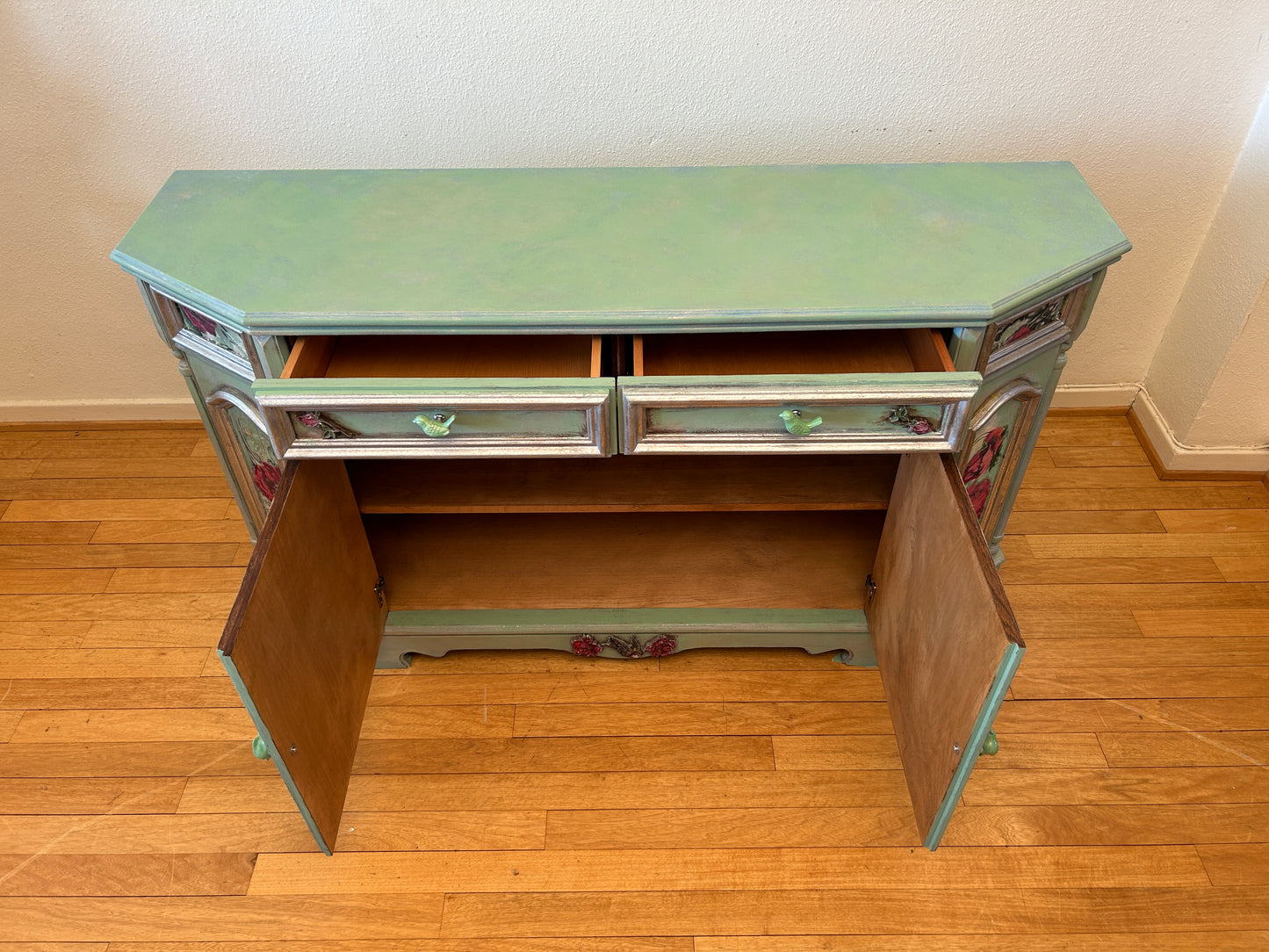 Vintage Kommode | Re-Designed | Oak Furniture | Mint Green Paint | Bird & Floral Décor | Handmade | Hand Painted