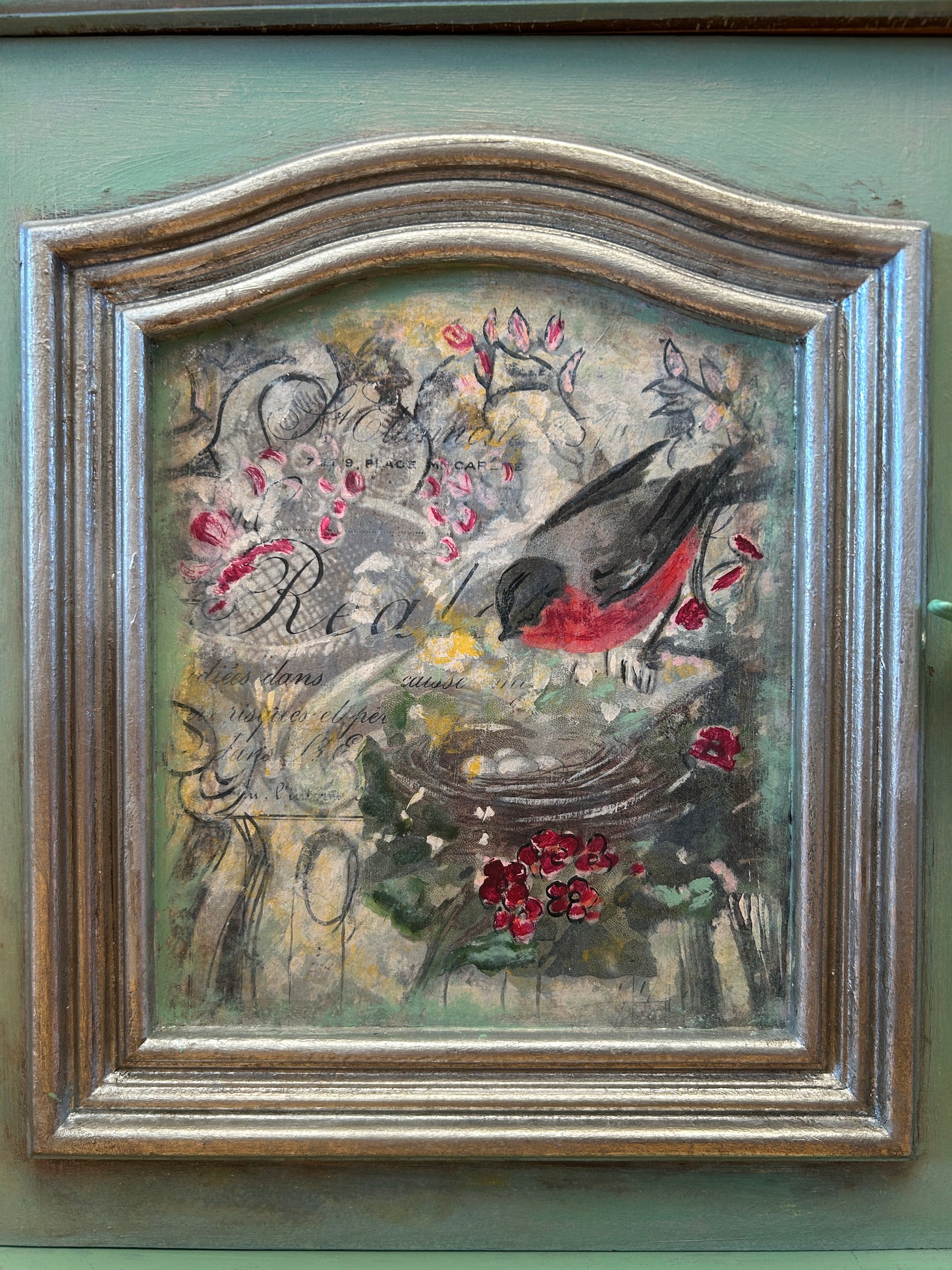 Vintage Kommode | Re-Designed | Oak Furniture | Mint Green Paint | Bird & Floral Décor | Handmade | Hand Painted