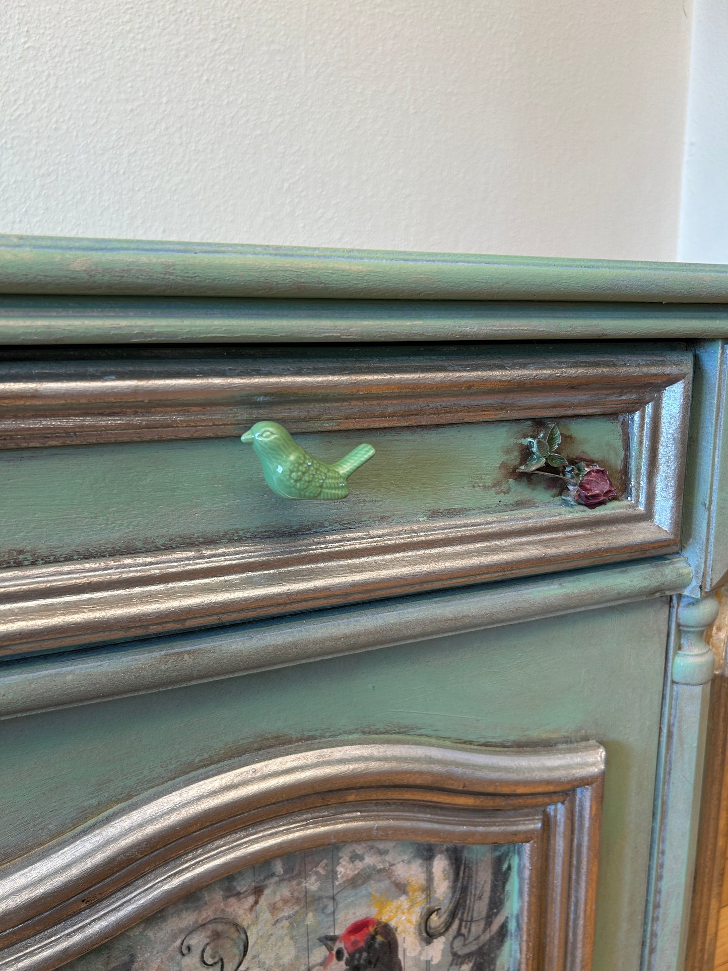 Vintage Kommode | Re-Designed | Oak Furniture | Mint Green Paint | Bird & Floral Décor | Handmade | Hand Painted