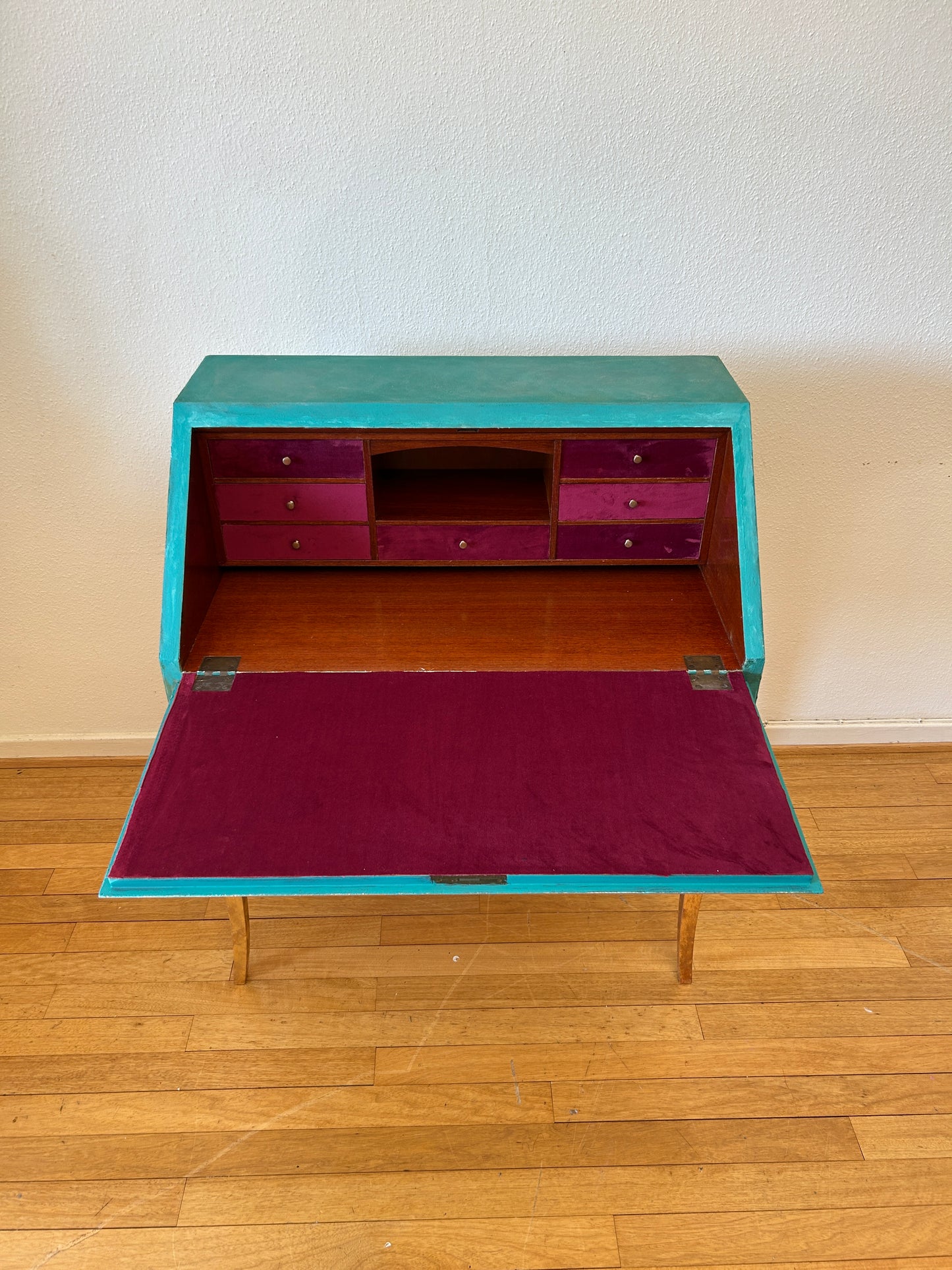 Antique Desk | Re-Designed | Secretary Table | Raspberry Velvet | Decoupage | Steampunk Parrot | Handmade