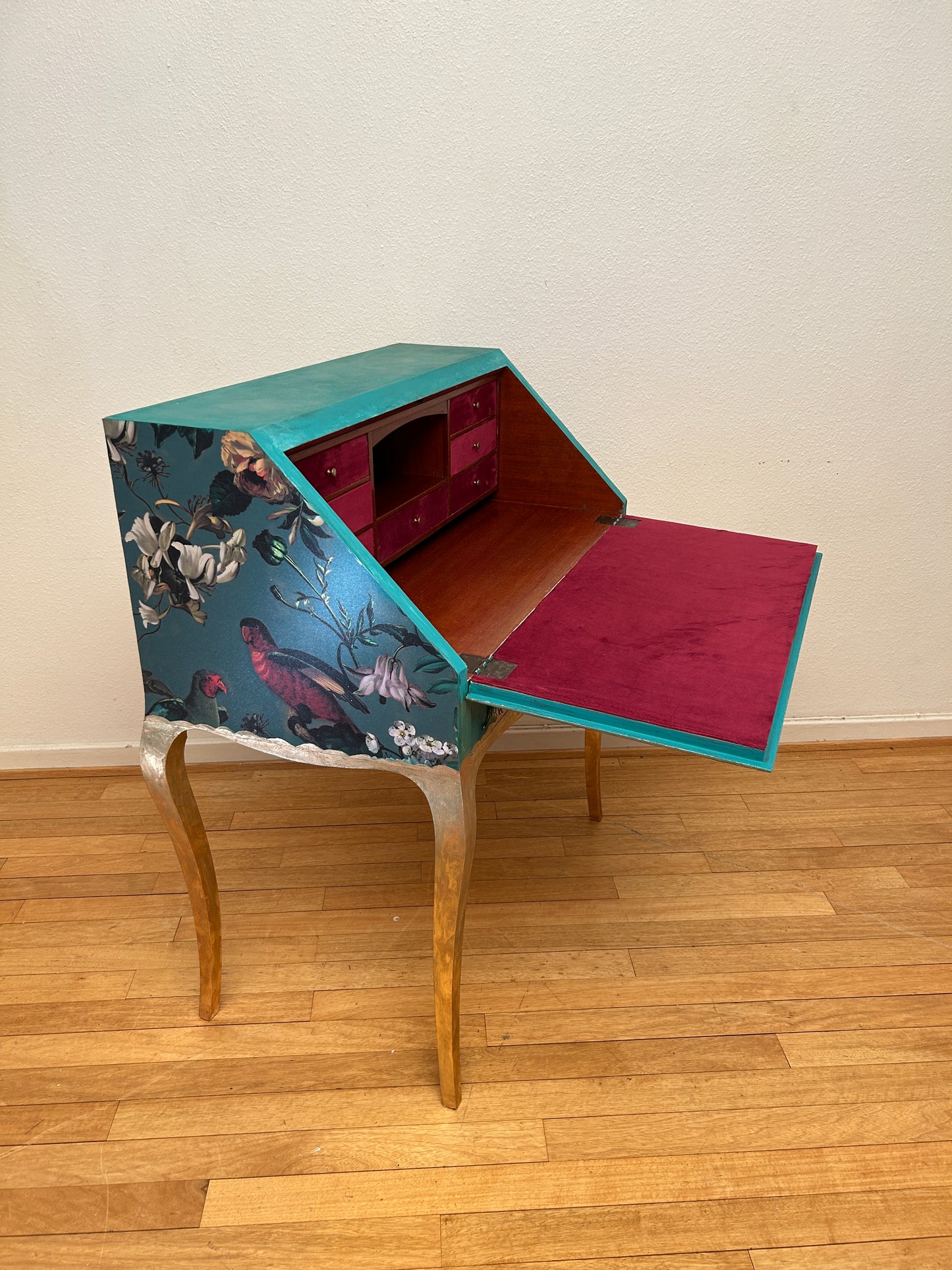 Antique Desk | Re-Designed | Secretary Table | Raspberry Velvet | Decoupage | Steampunk Parrot | Handmade