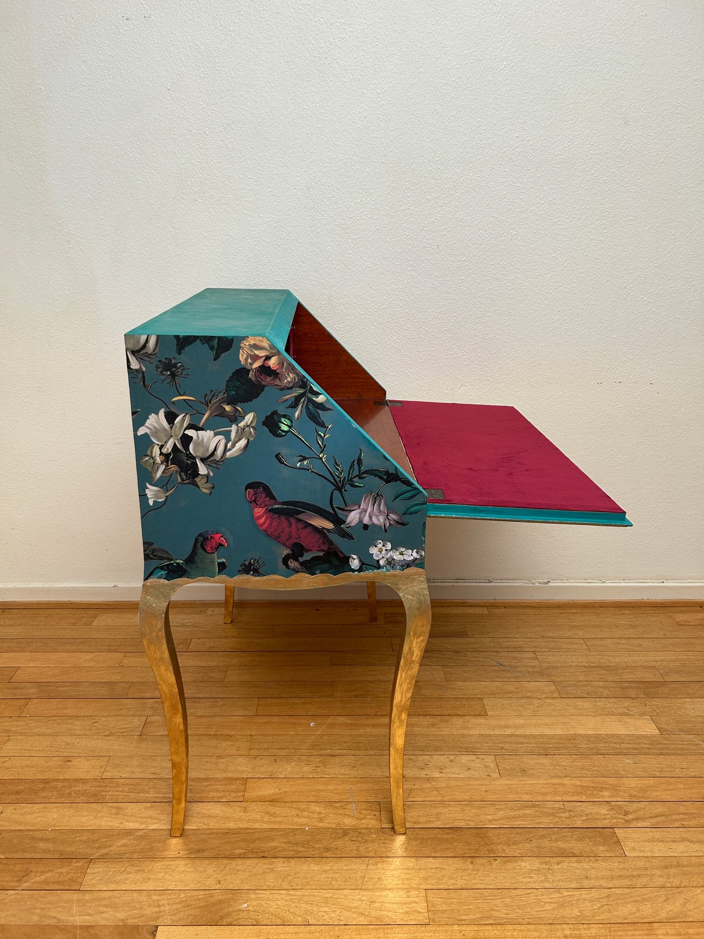 Antique Desk | Re-Designed | Secretary Table | Raspberry Velvet | Decoupage | Steampunk Parrot | Handmade