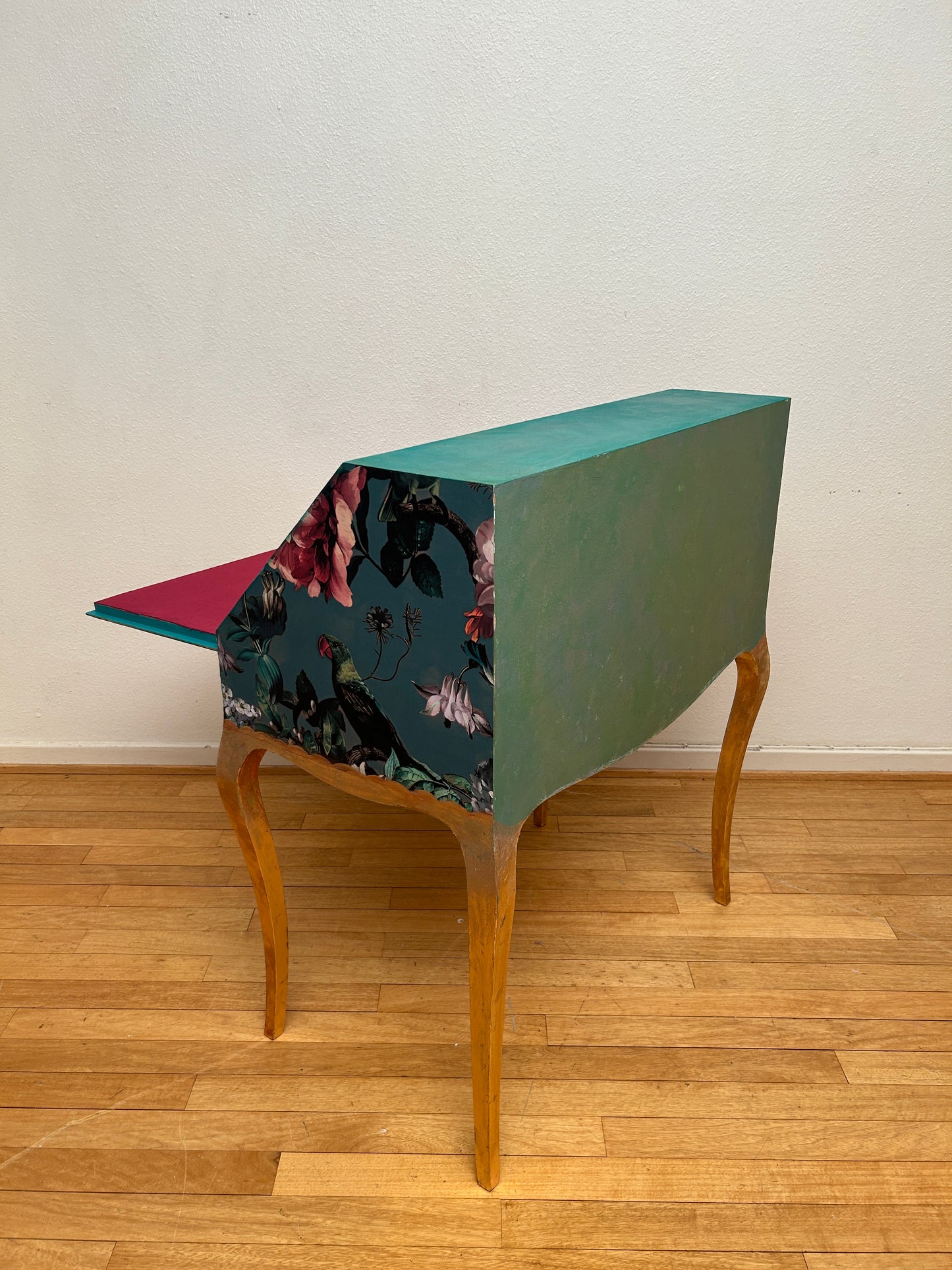 Antique Desk | Re-Designed | Secretary Table | Raspberry Velvet | Decoupage | Steampunk Parrot | Handmade