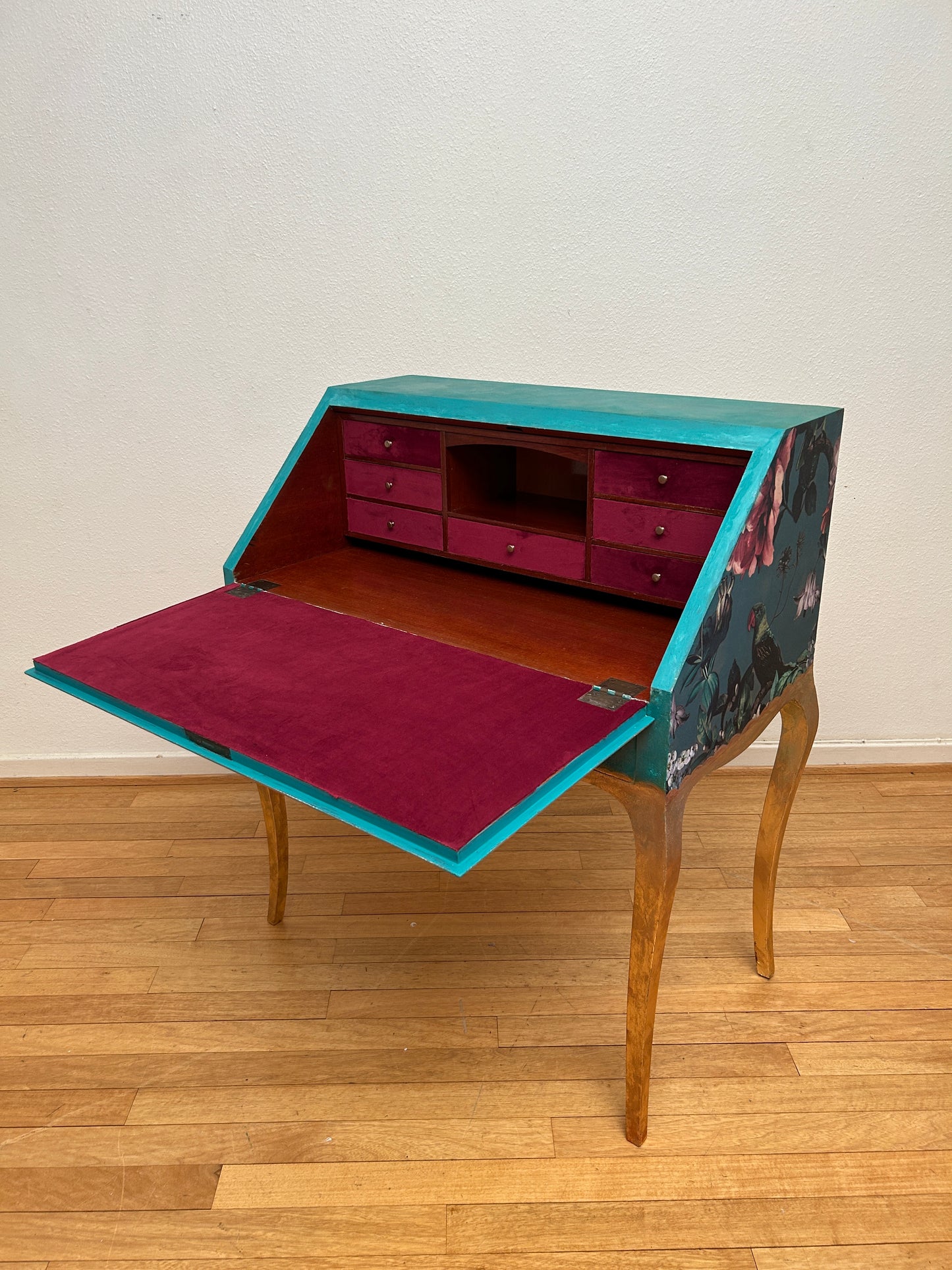Antique Desk | Re-Designed | Secretary Table | Raspberry Velvet | Decoupage | Steampunk Parrot | Handmade