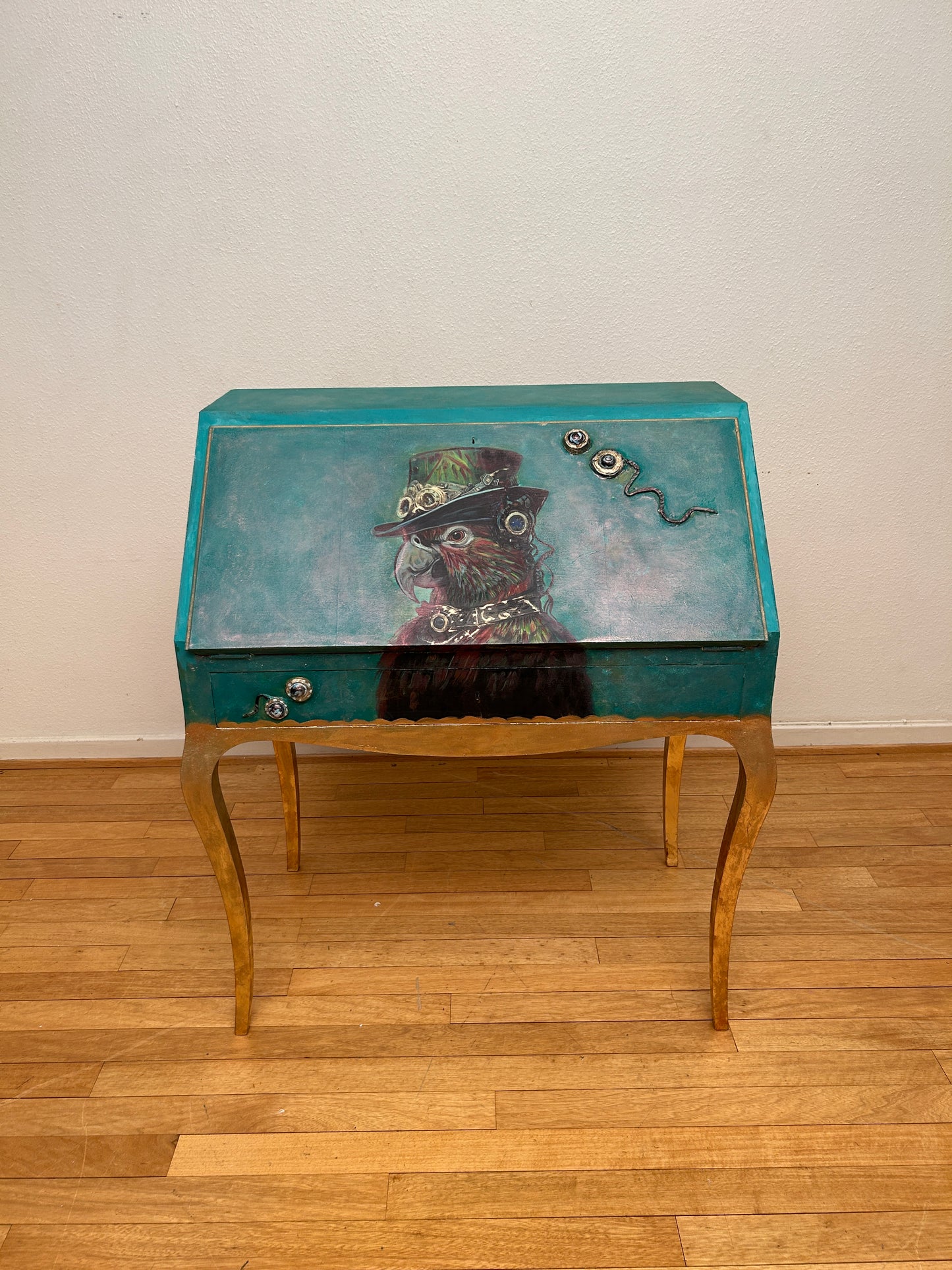 Antique Desk | Re-Designed | Secretary Table | Raspberry Velvet | Decoupage | Steampunk Parrot | Handmade