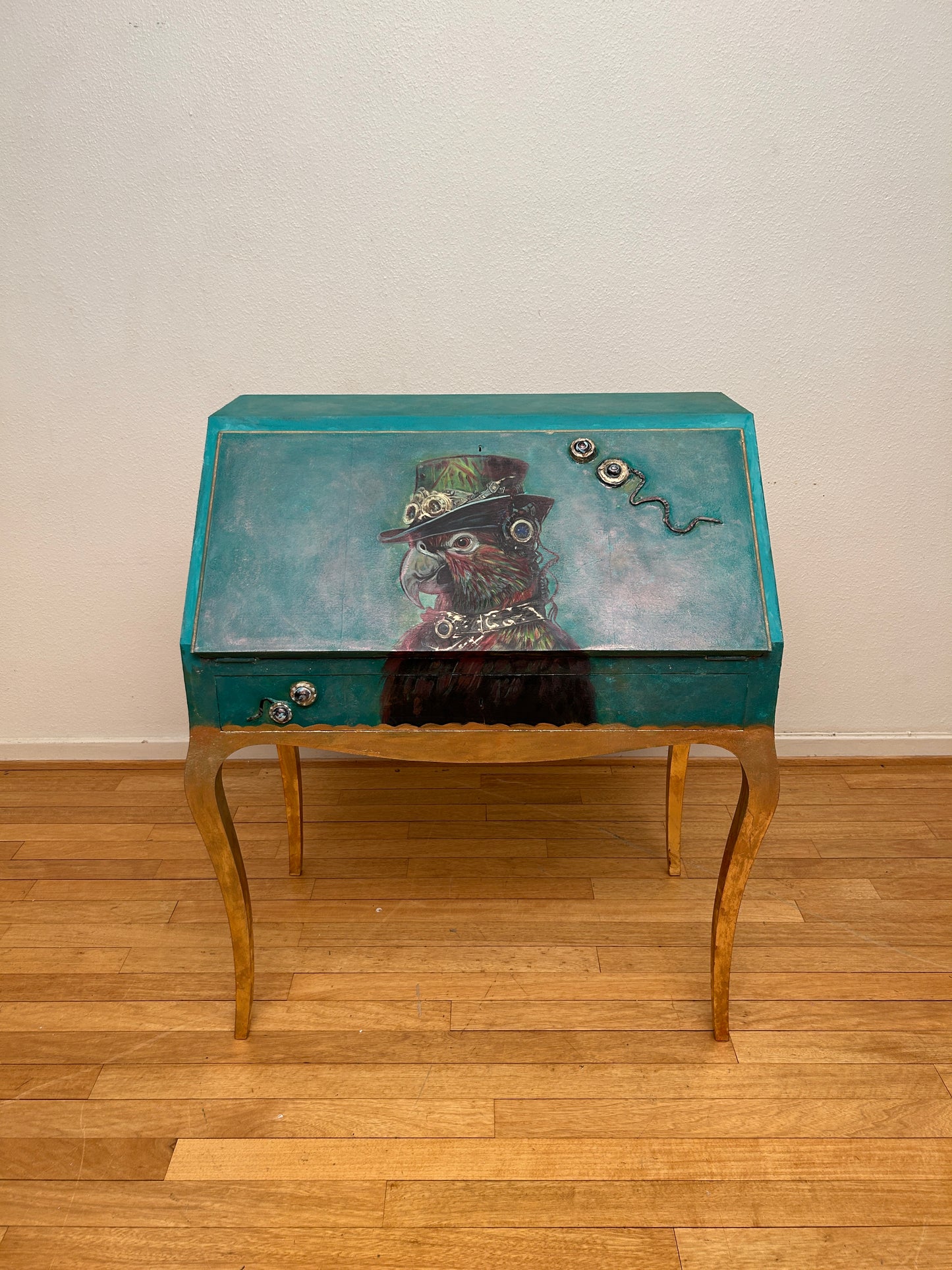 Antique Desk | Re-Designed | Secretary Table | Raspberry Velvet | Decoupage | Steampunk Parrot | Handmade