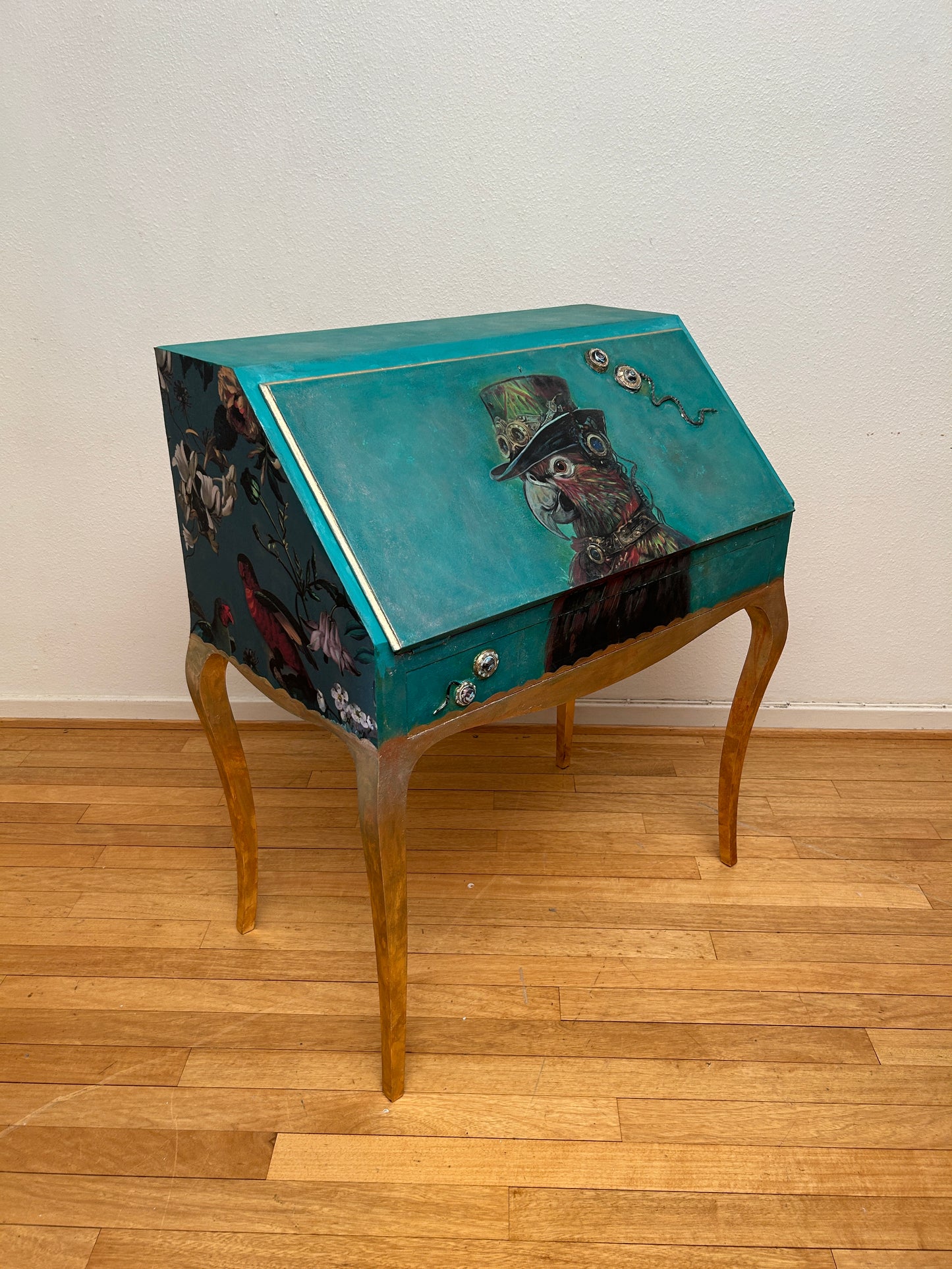 Antique Desk | Re-Designed | Secretary Table | Raspberry Velvet | Decoupage | Steampunk Parrot | Handmade