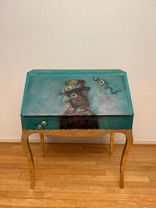 Antique Desk | Re-Designed | Secretary Table | Raspberry Velvet | Decoupage | Steampunk Parrot | Handmade