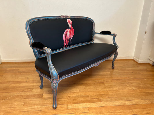 Antique Sofa | Re-Designed | Flamingo Set | Black Leather | Decoupage | Mink Armrests | Handmade