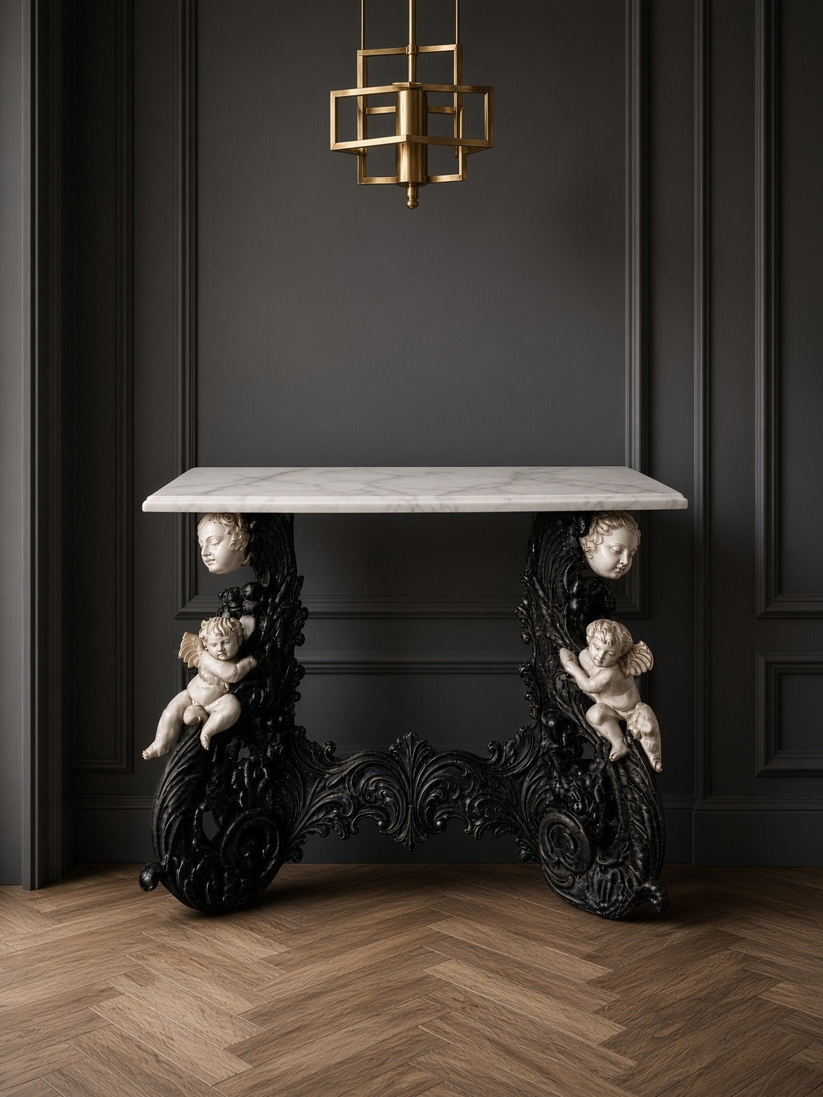Amorini console with a Carrara marble top against a grey panelled wall