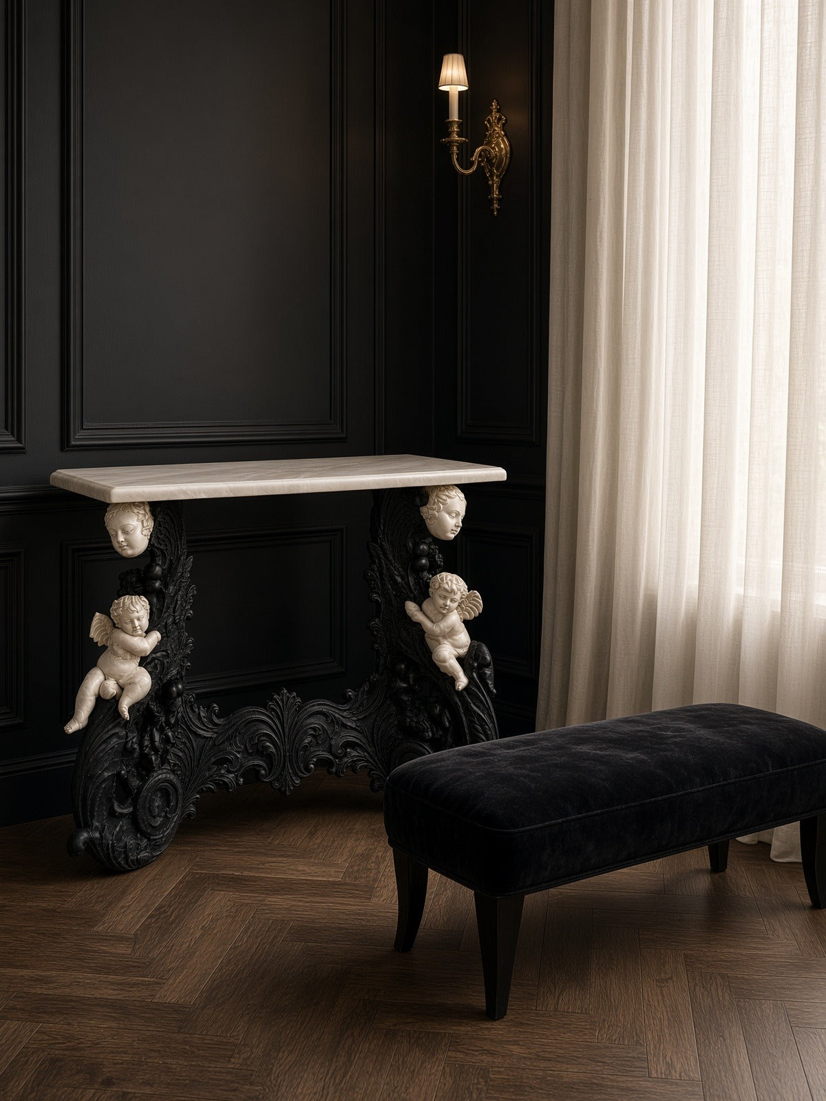 Amorini console with a beige marble top in a black panelled room