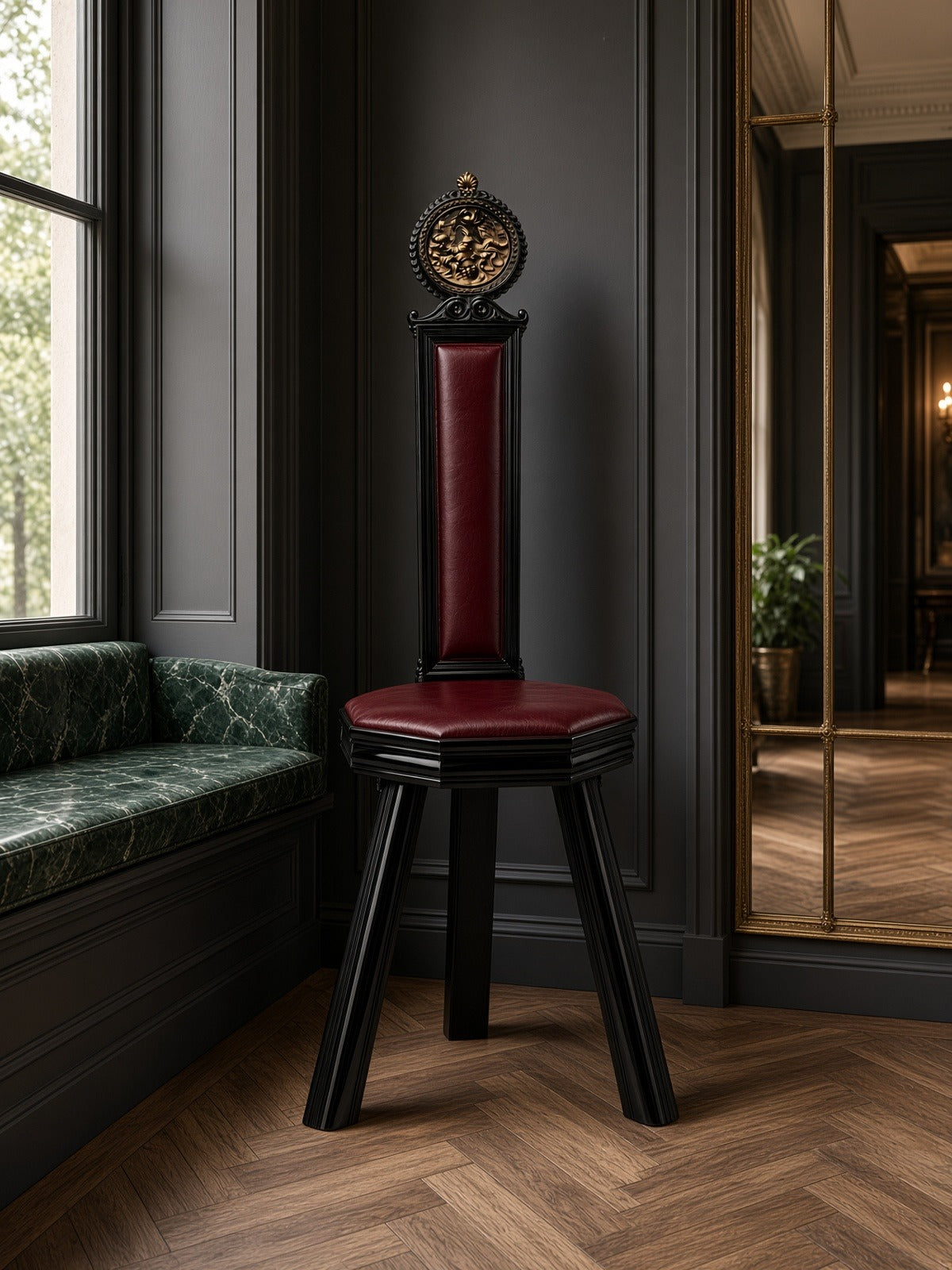 Aquila chair by a window seat in a dark panelled room